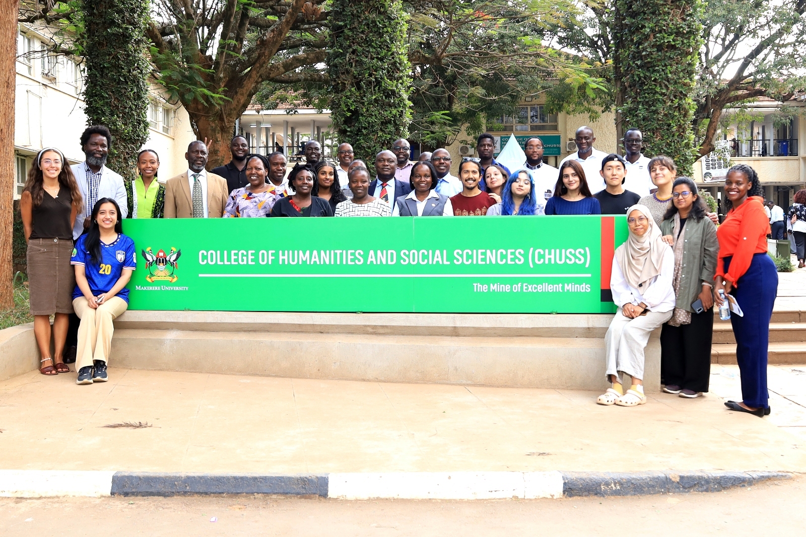 The students pose for a photo with University officials. Welcoming 17 students from 16 countries (Canada, Cape Verde, Uganda, Spain, Sierra Leone, South Sudan, Colombia, South Korea, The Gambia, India, Nepal, Kenya, Pakistan, Myanmar, Bangladesh and Malaysia) under the Erasmus+ funded Master of Humanitarian Response, Health and Displacement (Human Response) programme to study humanitarian crises, displacement, health, migration and development, 7th September 2026, School of Social Sciences Smart Room, College of Humanities and Social Sciences (CHUSS), Makerere University, Kampala Uganda, East Africa.
