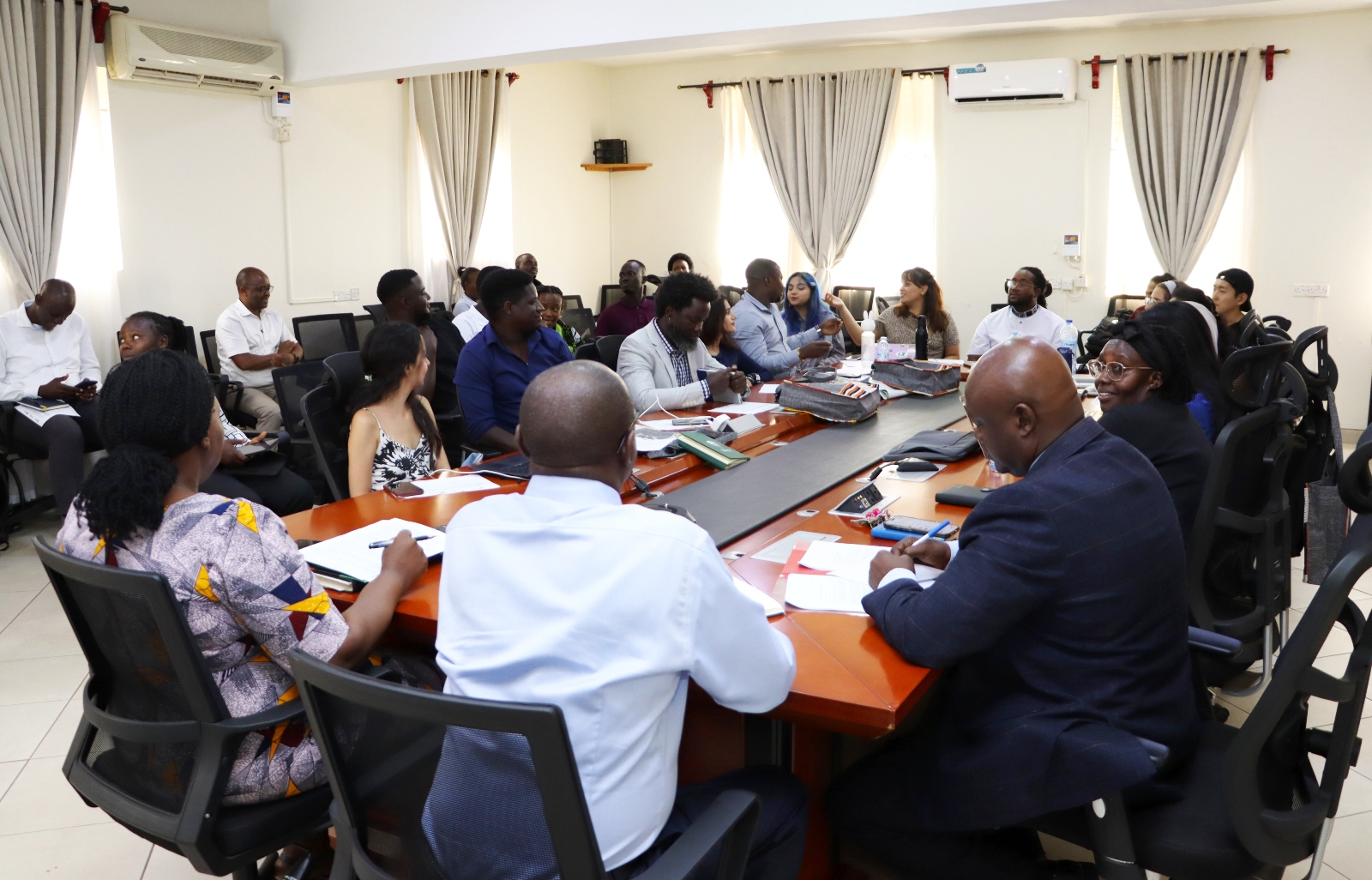 Participants assembled in the School of Social Sciences Smart room. Welcoming 17 students from 16 countries (Canada, Cape Verde, Uganda, Spain, Sierra Leone, South Sudan, Colombia, South Korea, The Gambia, India, Nepal, Kenya, Pakistan, Myanmar, Bangladesh and Malaysia) under the Erasmus+ funded Master of Humanitarian Response, Health and Displacement (Human Response) programme to study humanitarian crises, displacement, health, migration and development, 7th September 2026, School of Social Sciences Smart Room, College of Humanities and Social Sciences (CHUSS), Makerere University, Kampala Uganda, East Africa.