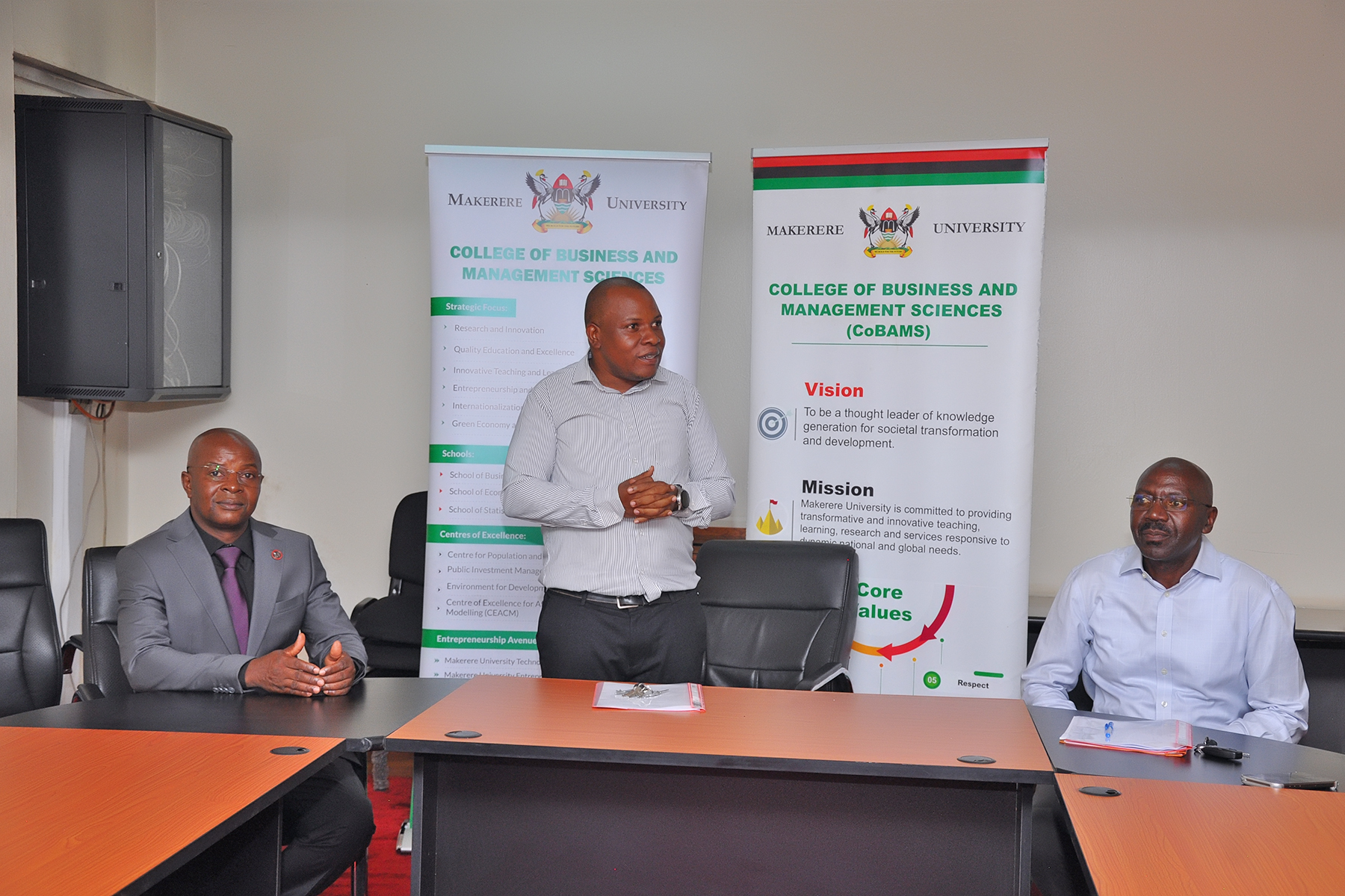 Incoming College Bursar, Mr. George Lusiba, delivering his acceptance remarks. Mr. Peter Mubiru handover of the office of the College Bursar to Mr. George Lusiba, 31st August 2026, College of Business and Management Sciences (CoBAMS), Makerere University, Kampala Uganda, East Africa.