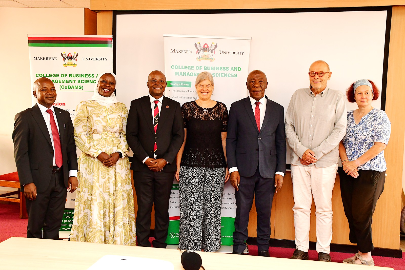 The DVCFA with the programme facilitators - Dr. Anthony Tibaingana, Dr. Kamatara Kanifa, Prof. Edward Bbaale, Prof. Gudrun Zagel, Dr. Roman Puff, and Dr. Sabine Hennig. College of Business and Management Sciences (CoBAMS) launch Blended Intensive Programme (BIP) titled Enhancing Skills in Polycrisis Management: African and European Approaches, under the PolyCIVIS network, with participants from Makerere University, the University of Salzburg, the National and Kapodistrian University of Athens, and Universidad Autónoma de Madrid, 7th September 2026, Makerere University, Kampala Uganda, East Africa.
