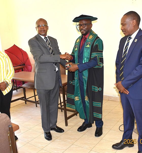 Prof. Juma Kasozi (2nd R) hands over the office keys and stamp to Prof. Godwin Kakuba. On the right is the Principal of CoNAS, Prof. Winston Tumps Ireeta, and on the left is Ms. Winnie Mbabazi from the Directorate of Internal Audit. Prof. Juma Kasozi formally hands over the office of Deputy Principal, College of Natural Sciences (CoNAS) to Prof. Godwin Kakuba, 11th September 2026, Makerere University, Kampala Uganda, East Africa.