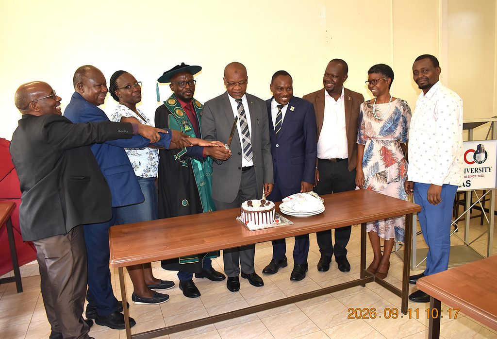 The CoNAS Management team cutting cake in celebration of Prof. Kasozi’s contribution. Prof. Juma Kasozi formally hands over the office of Deputy Principal, College of Natural Sciences (CoNAS) to Prof. Godwin Kakuba, 11th September 2026, Makerere University, Kampala Uganda, East Africa.