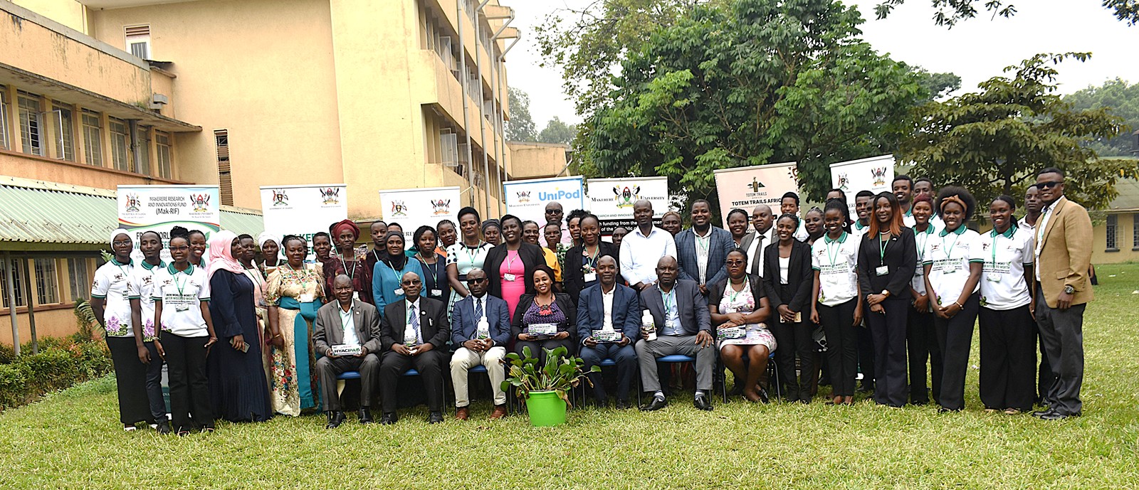 Participants pose with some of the products developed by the research team during the dissemination workshop. Research Dissemination for Government of Uganda through Makerere University Research and Innovations Fund (Mak-RIF)-funded project, titled “From World’s Worst Water Weed to Worth: Small-scale Community Bio-refining of Water Hyacinth to Produce Value-added Commercially Valuable Products,” by Dr. Alice Nabatanzi, Department of Plant Sciences, Microbiology and Biotechnology, College of Natural Sciences (CoNAS), Botany Lab 2, 22nd September 2026, Kampala Uganda, East Africa.