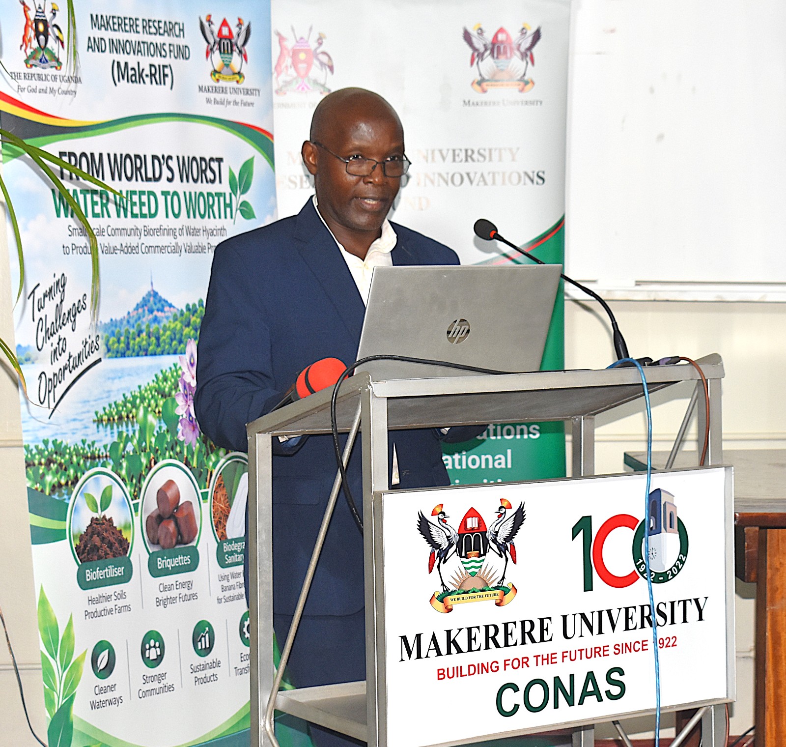 Dr Michael Owor represented the Chair of MakRIF who commended the project outputs and pledged continued support. Research Dissemination for Government of Uganda through Makerere University Research and Innovations Fund (Mak-RIF)-funded project, titled “From World’s Worst Water Weed to Worth: Small-scale Community Bio-refining of Water Hyacinth to Produce Value-added Commercially Valuable Products,” by Dr. Alice Nabatanzi, Department of Plant Sciences, Microbiology and Biotechnology, College of Natural Sciences (CoNAS), Botany Lab 2, 22nd September 2026, Kampala Uganda, East Africa.