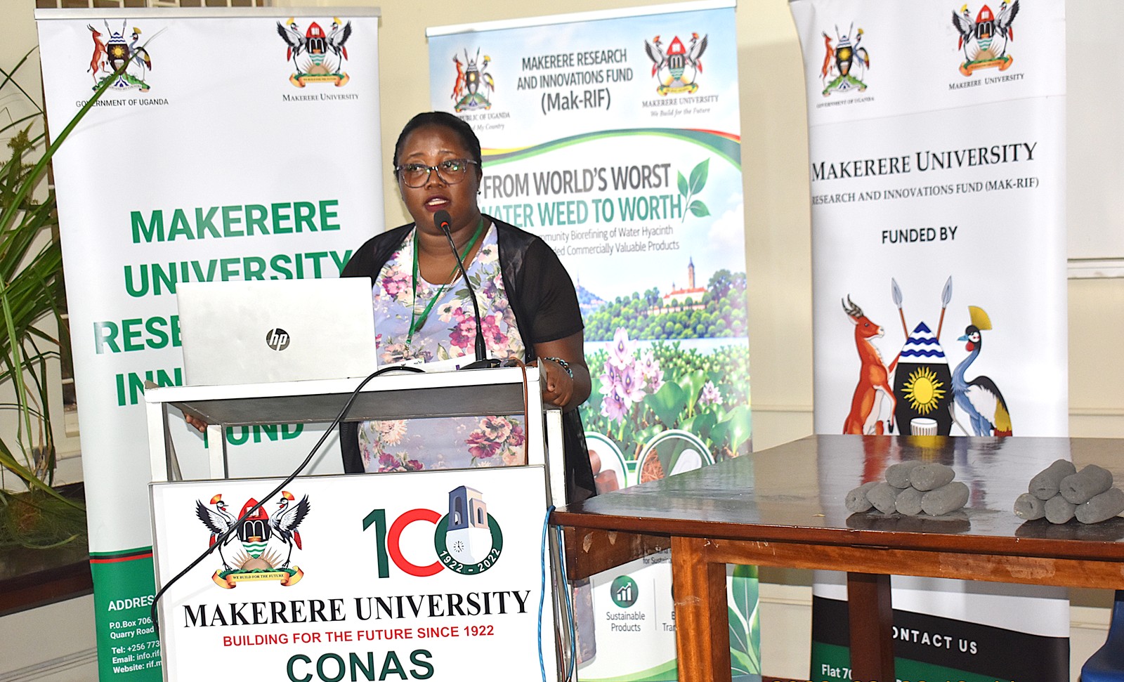 Ms. Esther Kabinga from the Makerere University Intellectual Property Management Office briefing participants about the importance of registering innovations. Research Dissemination for Government of Uganda through Makerere University Research and Innovations Fund (Mak-RIF)-funded project, titled “From World’s Worst Water Weed to Worth: Small-scale Community Bio-refining of Water Hyacinth to Produce Value-added Commercially Valuable Products,” by Dr. Alice Nabatanzi, Department of Plant Sciences, Microbiology and Biotechnology, College of Natural Sciences (CoNAS), Botany Lab 2, 22nd September 2026, Kampala Uganda, East Africa.