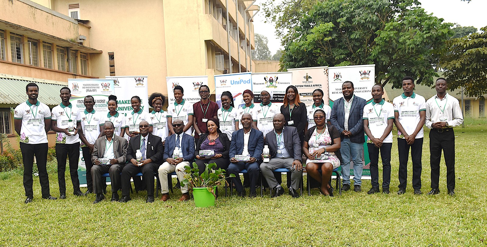 The CoNAS leaders with the project members. Research Dissemination for Government of Uganda through Makerere University Research and Innovations Fund (Mak-RIF)-funded project, titled “From World’s Worst Water Weed to Worth: Small-scale Community Bio-refining of Water Hyacinth to Produce Value-added Commercially Valuable Products,” by Dr. Alice Nabatanzi, Department of Plant Sciences, Microbiology and Biotechnology, College of Natural Sciences (CoNAS), Botany Lab 2, 22nd September 2026, Kampala Uganda, East Africa.