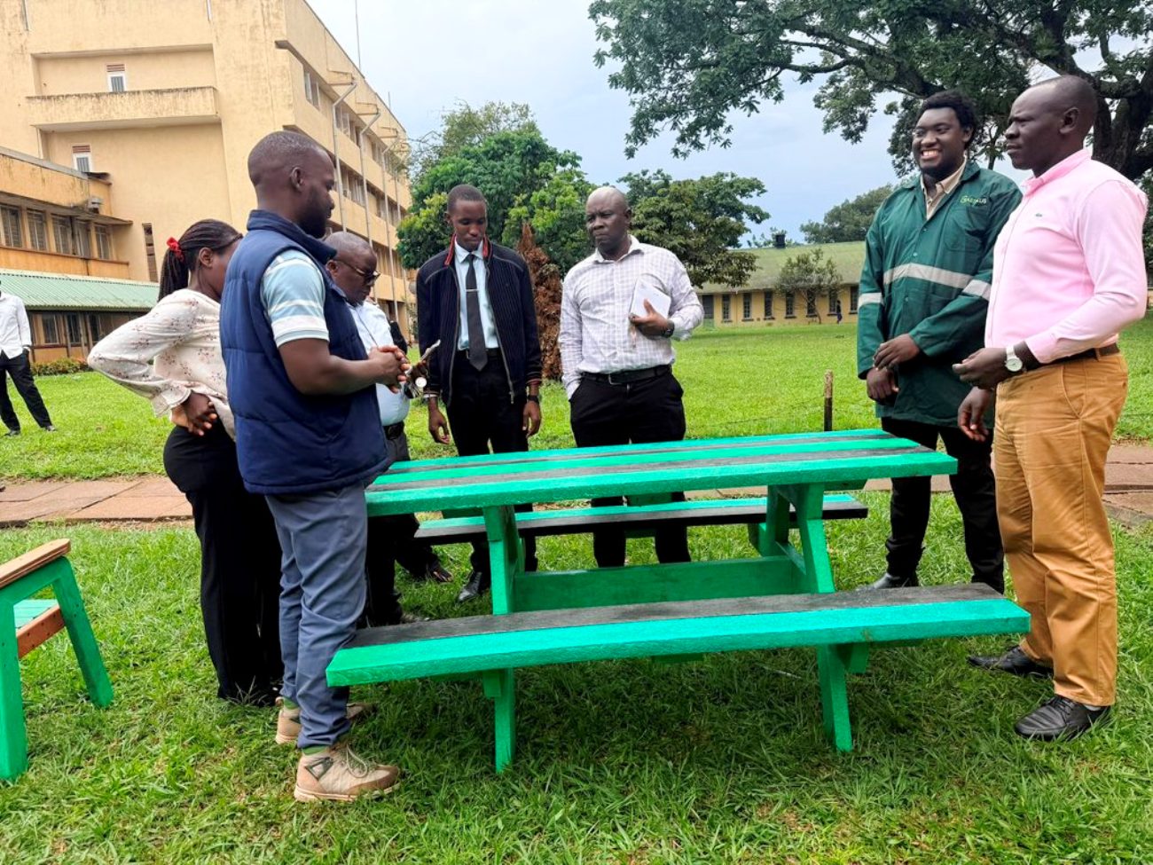 The alumni donated a table to their former Department -Plant Sciences, Microbiology and Biotechnology. WastePlus Ltd, a waste management and recycling enterprise founded by BSc Conservation Biology from the Department of Plant Sciences, Microbiology and Biotechnology, School of Physical Sciences donation of furniture made from recycled plastic, August 2026, Science Quadrangle, College of Natural Sciences (CoNAS), Makerere University, Kampala Uganda, East Africa.
