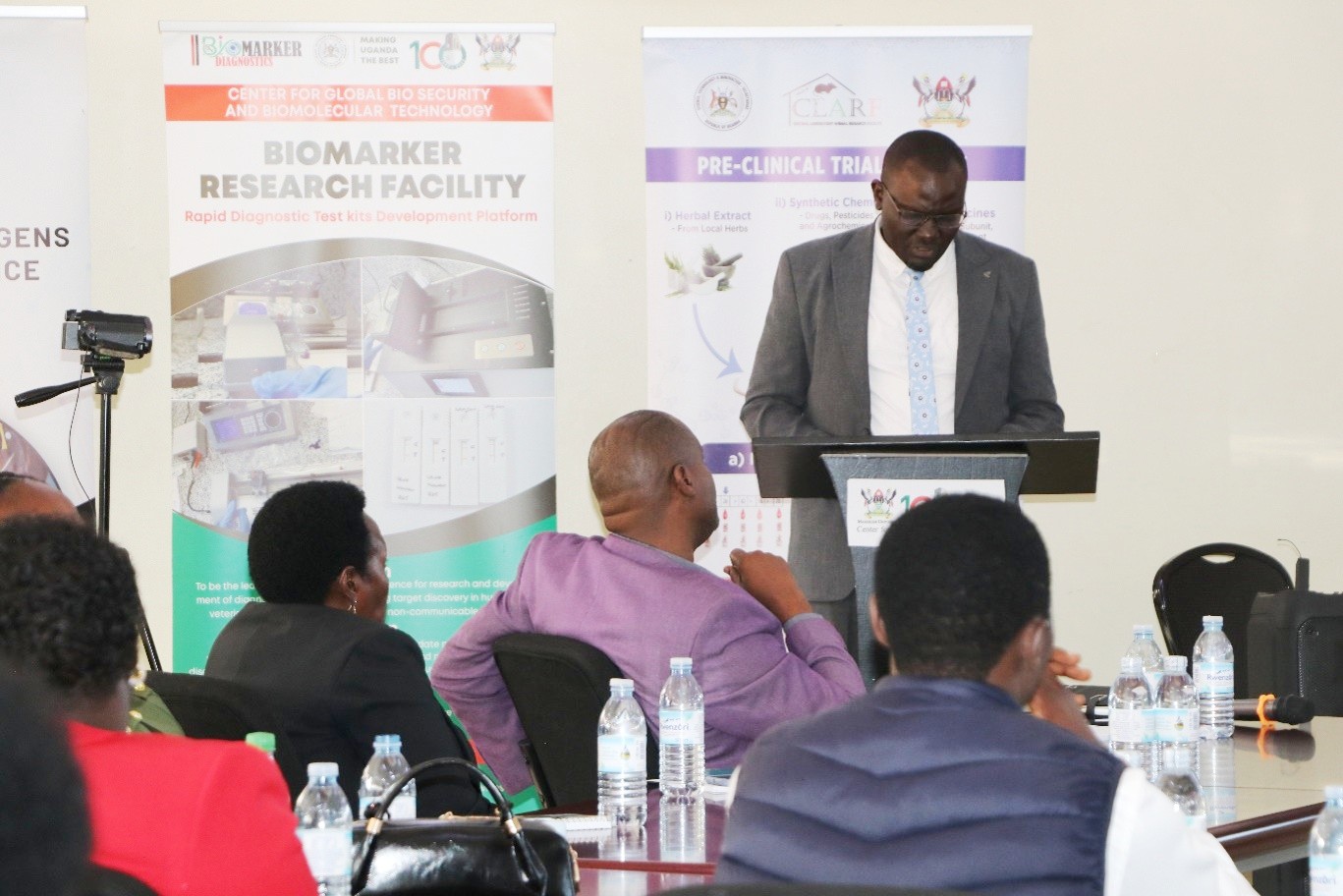 The Chairman of the Committee on Science, Technology and Innovation in Parliament, Hon. Dr. Samuel Opio Acuti, making remarks during the meeting at CeBIOTECH-COVAB. Parliamentary Committee on Science, Technology, and Innovation visits the Centre for Global Biosecurity and Biomolecular Technology (CeBIOTECH) to assess the progress of ventures supported under the Science, Technology and Innovation–Office of the President (STI-OP) and answer How can Uganda turn investments in scientific research into practical technologies, enterprises, and solutions that respond to national development challenges? 31st August 2026, College of Veterinary Medicine, Animal Resources and Biosecurity (CoVAB), Makerere University, Kampala Uganda, East Africa.