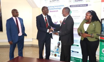 Mr. Deus Mujuni, Prof. Mwiine, outgoing Principal, Prof. Kankya, incoming Principal, and Ms. Winnie Mbabazi from Audit. Prof. Clovice Kankya officially assumes leadership of College of Veterinary Medicine, Animal Resources and Biosecurity (CoVAB) from outgoing Principal Prof. Frank Norbert Mwiine, 17th September 2026, Makerere University, Kampala Uganda, East Africa.