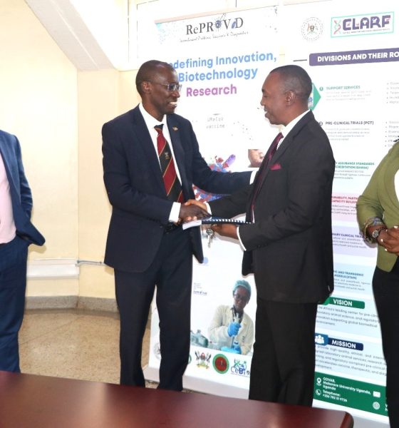 Mr. Deus Mujuni, Prof. Mwiine, outgoing Principal, Prof. Kankya, incoming Principal, and Ms. Winnie Mbabazi from Audit. Prof. Clovice Kankya officially assumes leadership of College of Veterinary Medicine, Animal Resources and Biosecurity (CoVAB) from outgoing Principal Prof. Frank Norbert Mwiine, 17th September 2026, Makerere University, Kampala Uganda, East Africa.