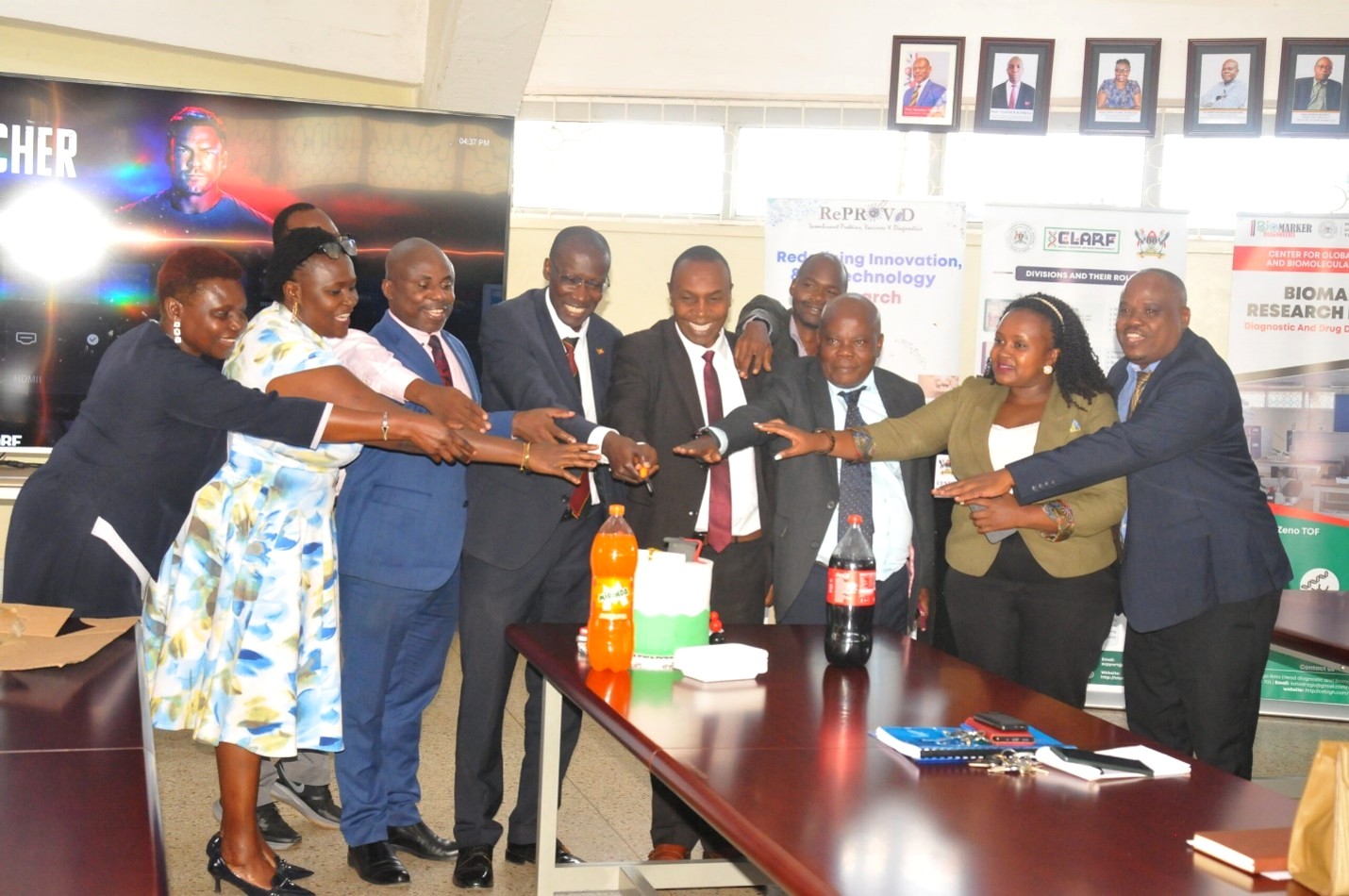 A section of staff joins the incoming and outgoing principals to cut cake, courtesy of the Department of BEP where Prof. Kankya has been Ag. Head. Prof. Clovice Kankya officially assumes leadership of College of Veterinary Medicine, Animal Resources and Biosecurity (CoVAB) from outgoing Principal Prof. Frank Norbert Mwiine, 17th September 2026, Makerere University, Kampala Uganda, East Africa.