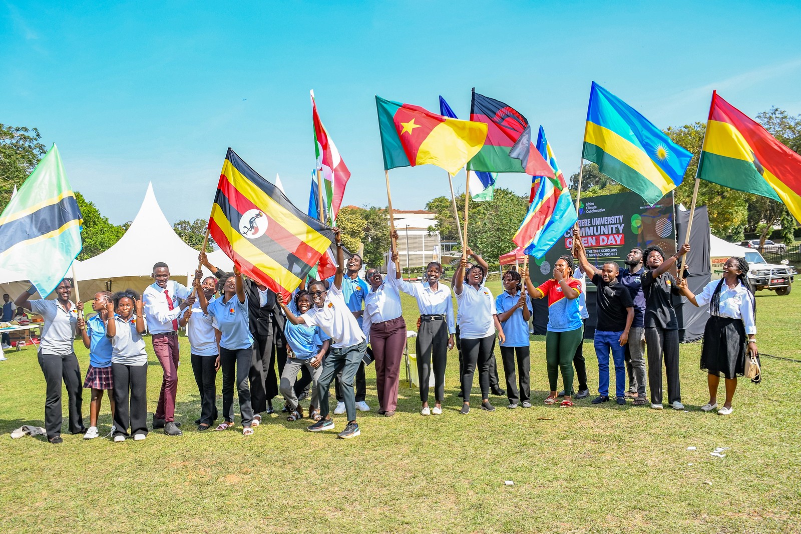 Scholars showcasing their national colours to celebrate diversity at the event on 5th September 2026. Community Open Day for Mastercard Foundation Initiatives at Makerere University, where Prof. Claire Mack Mugasa represented the Deputy Vice Chancellor (Academic Affairs) Prof. Sarah Ssali as Guest of Honour, 5th September 2026, Freedom Square, Kampala Uganda, East Africa.