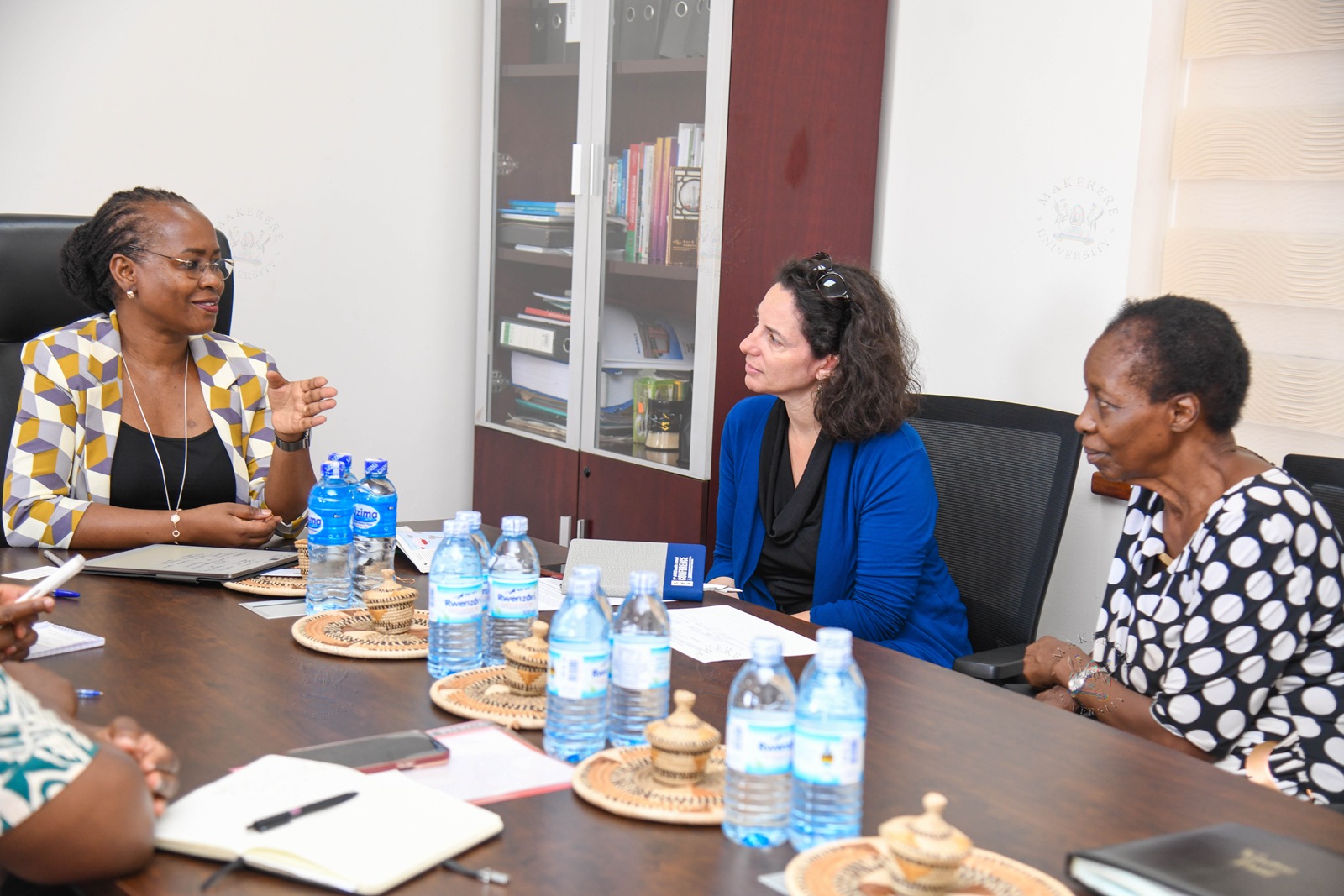 L-R: Prof. Sarah Ssali, Dr. Tracy Rabin and Prof. Harriet Mayanja-Kizza during the interactive discussion. Courtesy call on Prof. Sarah Ssali, the Deputy Vice Chancellor in charge of Academic Affairs (DVCAA) by co-directors Dr. Tracy Rabin from Yale and Prof. Harriet Mayanja-Kizza from Makerere as the Makerere University–Yale University (MUYU) partnership celebrates two decades of collaboration in health education, clinical care, and applied research, 27th August 2026, Main Building, Makerere University, Kampala Uganda, East Africa.
