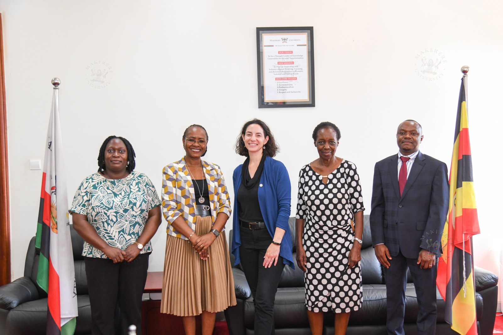L-R: Ms. Hawa Ndagire, Prof. Sarah Ssali, Dr. Tracy Rabin, Prof. Harriet Mayanja-Kizza, and Mr. Mathias Ssemanda pose for a group photo after the courtesy call on 27th August 2026. Courtesy call on Prof. Sarah Ssali, the Deputy Vice Chancellor in charge of Academic Affairs (DVCAA) by co-directors Dr. Tracy Rabin from Yale and Prof. Harriet Mayanja-Kizza from Makerere as the Makerere University–Yale University (MUYU) partnership celebrates two decades of collaboration in health education, clinical care, and applied research, 27th August 2026, Main Building, Makerere University, Kampala Uganda, East Africa.