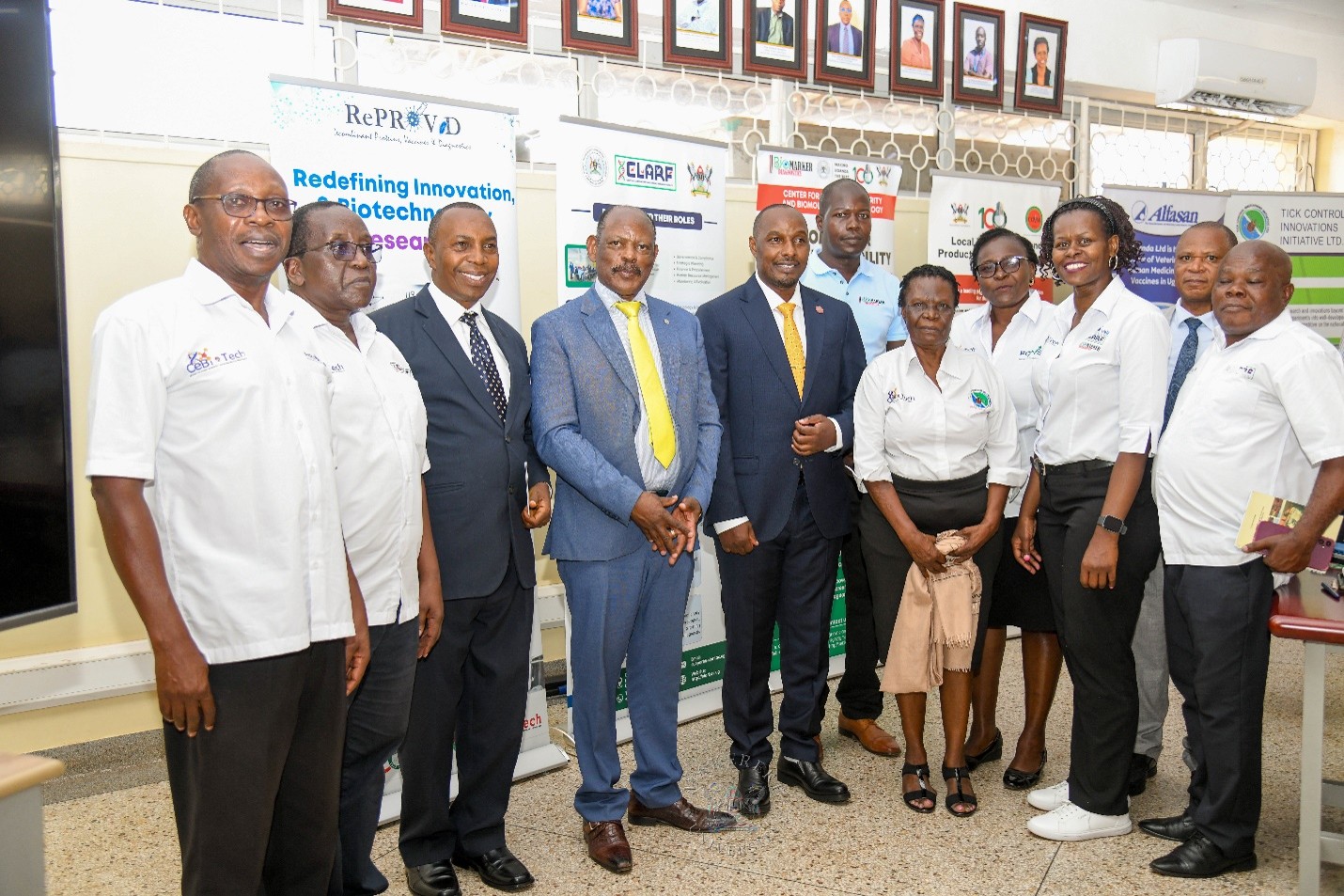 Makerere University VC, CoVAB Principal and Researchers under CeBioTech pose with the Minister for Science, Technology and Innovation, Rt. Hon. Eng. Asiimwe Jonard, during his maiden visit to Makerere University. Hon. Eng. Jonard Asiimwe Akiiki, Minister of Science, Technology and Innovation in the Office of the President, Day 3 of Ministerial Maiden Visit to Makerere University, 16th September 2026, Centre for Global Biosecurity and Biomolecular Technology (CeBioTech), College of Veterinary Medicine, Animal Resources and Biosecurity (CoVAB), Kampala Uganda, East Africa.