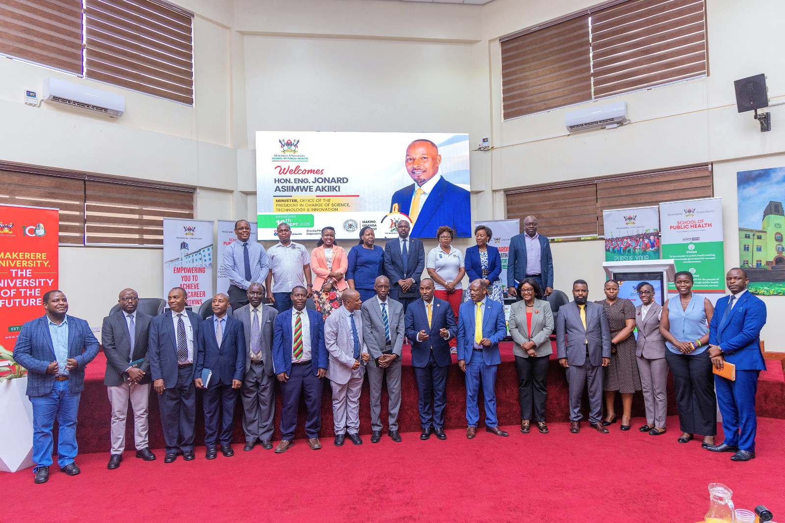 Hon. Eng. Jonard Asiimwe Akiiki with University Management, MakSPH leadership and researchers following the engagement on strengthening research translation, adoption and scale on 16th September 2026. Hon. Eng. Jonard Asiimwe Akiiki, Minister of Science, Technology and Innovation in the Office of the President, Day 3 of Ministerial Maiden Visit to Makerere University, 16th September 2026, Kampala Uganda, East Africa.