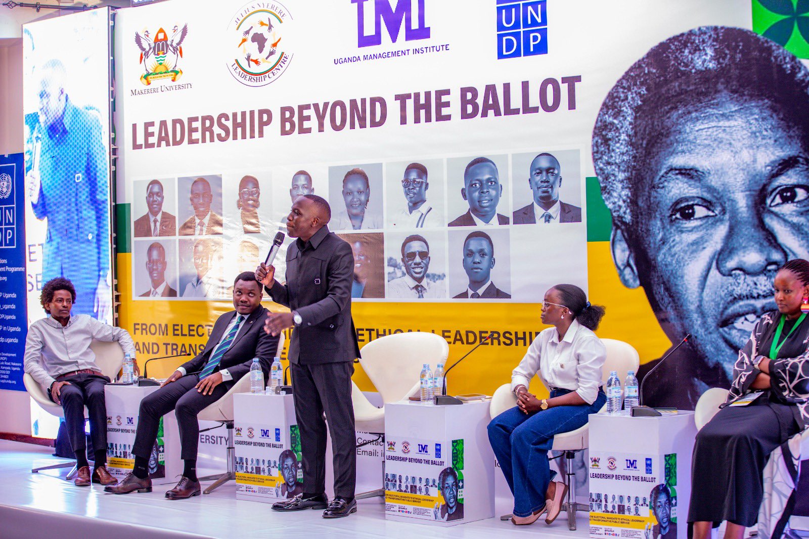 L-R: First Panel Moderator-Mr Sebastian Ssegawa with Panelists-Hon. Robert Maseruka, His Lordship Alionzi Lawrence, Ms Natasha Ahereza, and Ms Gorret Karungi at the Symposium on 22nd September 2026. The Julius Nyerere Leadership Centre (JNLC), in partnership with Makerere University, the United Nations Development Programme (UNDP), and the Uganda Management Institute (UMI), symposium to equip young leaders with the skills needed to serve their communities effectively, promote accountability, build public trust, and contribute to Uganda’s social and economic development, 22nd September 2026, School of Food Technology, Nutrition and Bioengineering Conference Hall, CAES, Makerere University, Kampala Uganda, East Africa.
