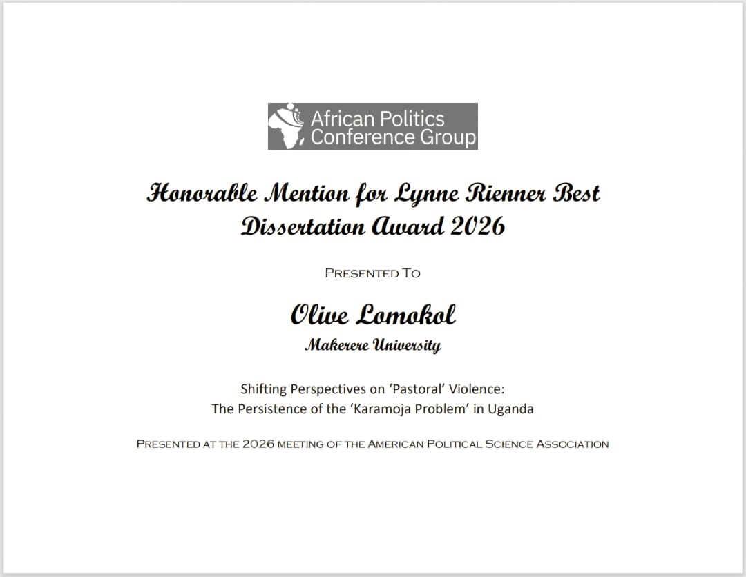 Honorable Mention for Lynne Rienner Best Dissertation Award 2026 presented to Olive Lomokol, Makerere University. Kampala Uganda, East Africa.