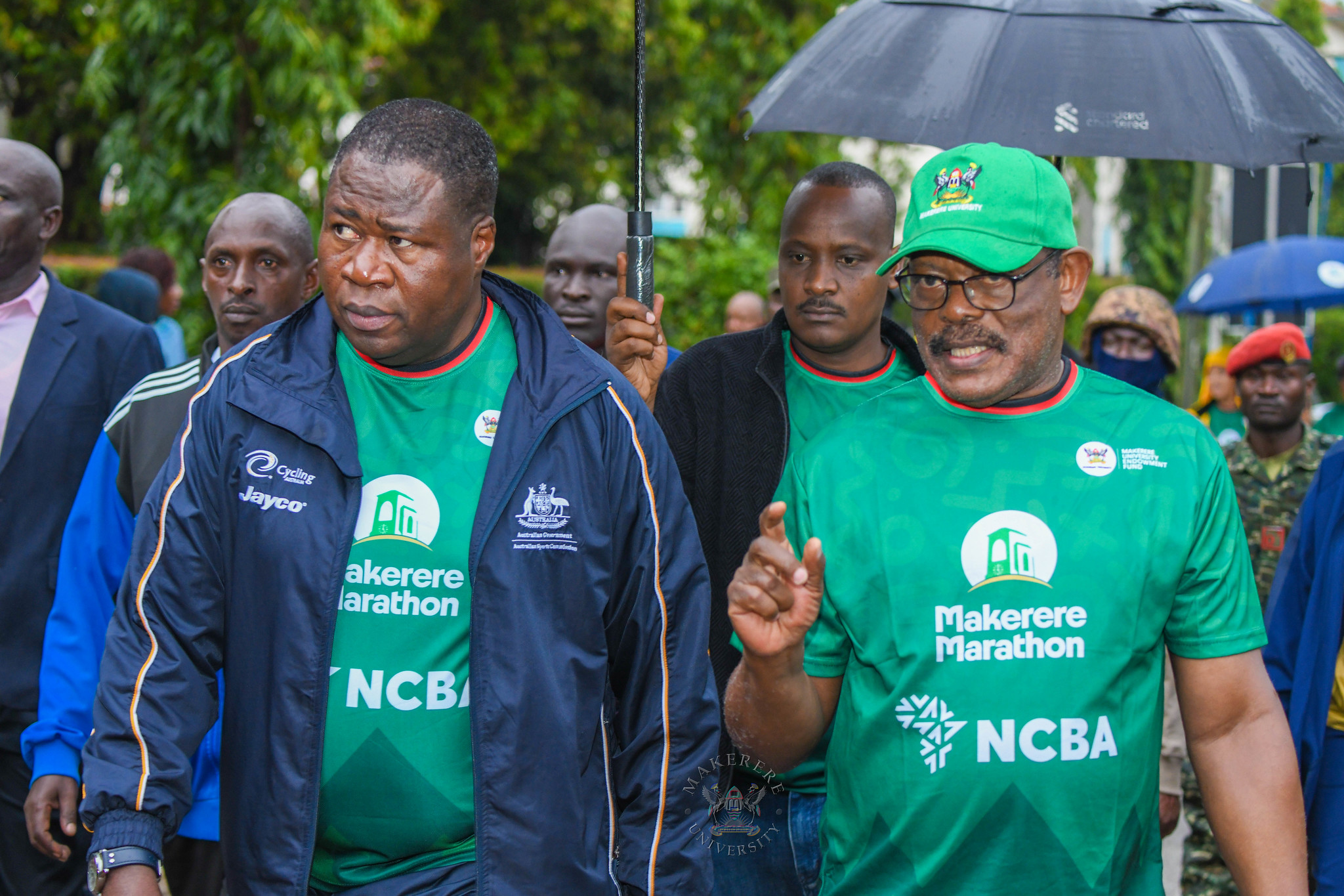 Vice Chancellor-Prof. Barnabas Nawangwe (R) with Rt. Hon. Jacob Oboth. 6th Edition of the Makerere Marathon with Chief Runner as the Speaker of Parliament Rt. Hon. Jacob Marksons Oboth, 27th September 2026, Makerere University, Kampala Uganda, East Africa.