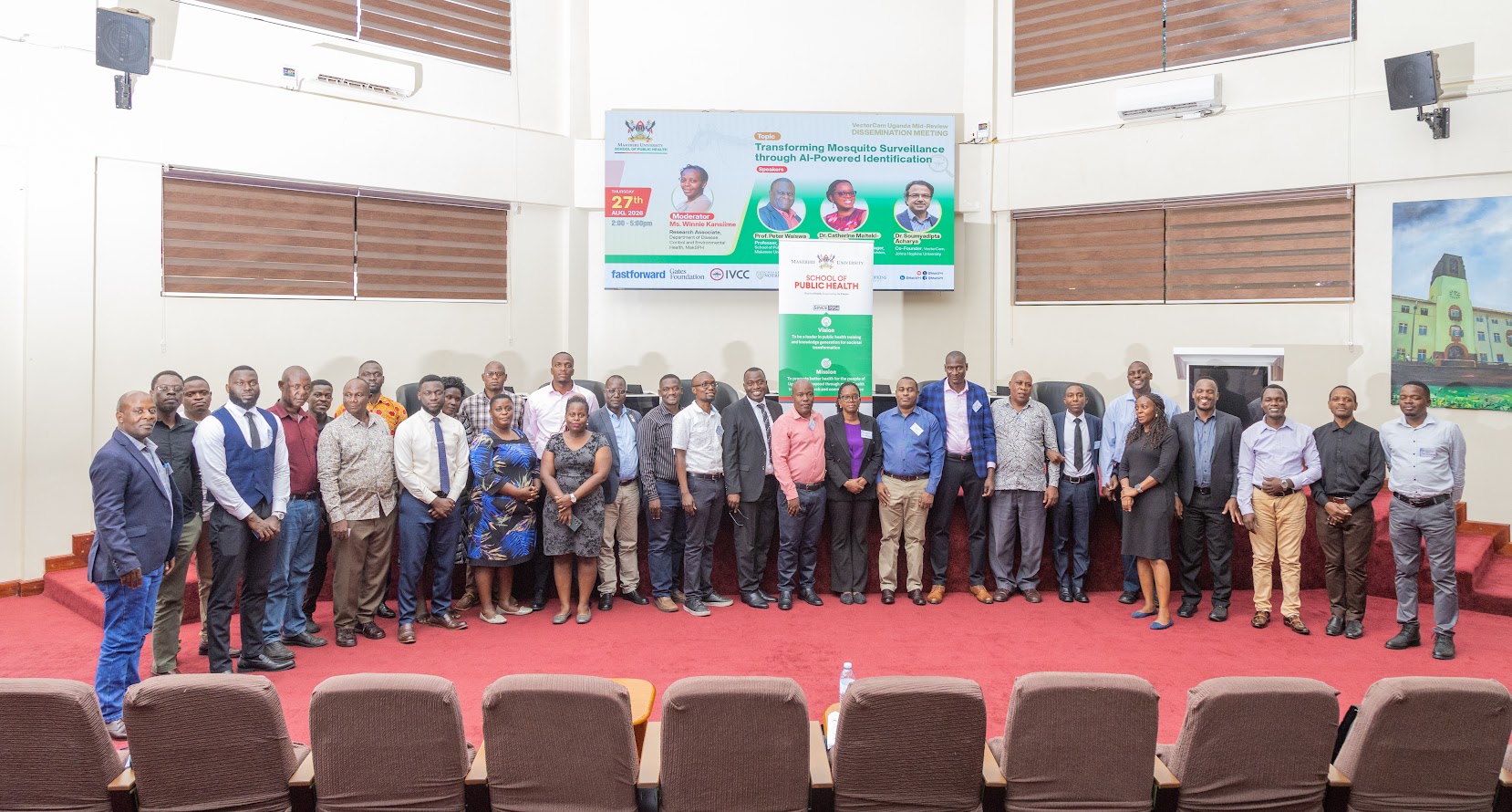 Stakeholders that took part in the VectorCam Uganda Mid-Review Dissemination Meeting pose for a group photo on 27th August 2026. Makerere University School of Public Health (MakSPH) Auditorium, Kampala Uganda, East Africa.