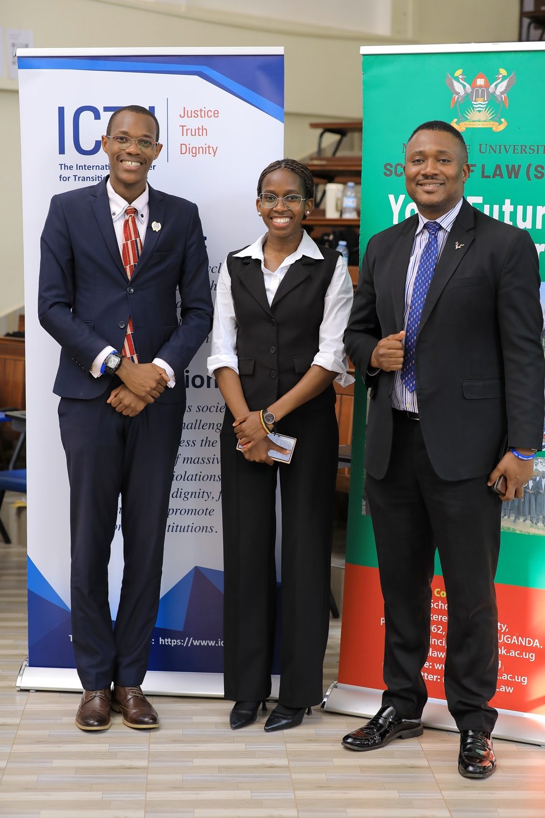 Dr. Daniel Ruhweza with Conrad Akesigaruhanga (LLB II) and Sweetie Ogwal (LLB III). School of Law (MakSoL) in partnership with the International Center for Transitional Justice (ICTJ) supported by the Ministry of Foreign Affairs of the Kingdom of the Netherlands, University Symposium calling for renewed efforts to translate Uganda’s Transitional Justice commitments into tangible justice for communities affected by conflict and human rights violations, 27th August 2026, Makerere University, Kampala Uganda, East Africa.