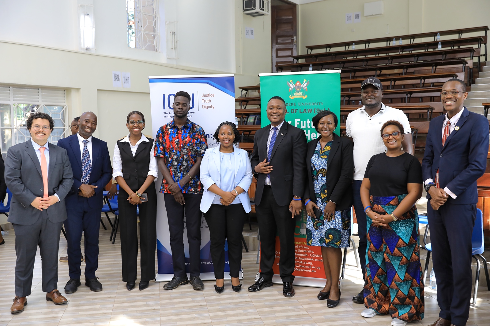 Speakers at the symposium with Dr. Daniel Ruhweza (5th right), Head Law and Jurisprudence at SoL. School of Law (MakSoL) in partnership with the International Center for Transitional Justice (ICTJ) supported by the Ministry of Foreign Affairs of the Kingdom of the Netherlands, University Symposium calling for renewed efforts to translate Uganda’s Transitional Justice commitments into tangible justice for communities affected by conflict and human rights violations, 27th August 2026, Makerere University, Kampala Uganda, East Africa.