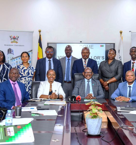 Seated: Prof. Barnabas Nawangwe (C) flanked by Prof. Sarah Ssali (2nd L) and Prof. Moses Musinguzi (2nd R), Members of Management and other officials (Seated and Standing) at the Press Conference on 15th September 2026. Vice Chancellor's Press Conference, VC's Boardroom, Main Building, Kampala Uganda, East Africa.