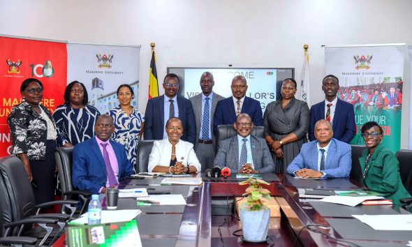 Seated: Prof. Barnabas Nawangwe (C) flanked by Prof. Sarah Ssali (2nd L) and Prof. Moses Musinguzi (2nd R), Members of Management and other officials (Seated and Standing) at the Press Conference on 15th September 2026. Vice Chancellor's Press Conference, VC's Boardroom, Main Building, Kampala Uganda, East Africa.