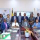 Seated: Prof. Barnabas Nawangwe (C) flanked by Prof. Sarah Ssali (2nd L) and Prof. Moses Musinguzi (2nd R), Members of Management and other officials (Seated and Standing) at the Press Conference on 15th September 2026. Vice Chancellor's Press Conference, VC's Boardroom, Main Building, Kampala Uganda, East Africa.