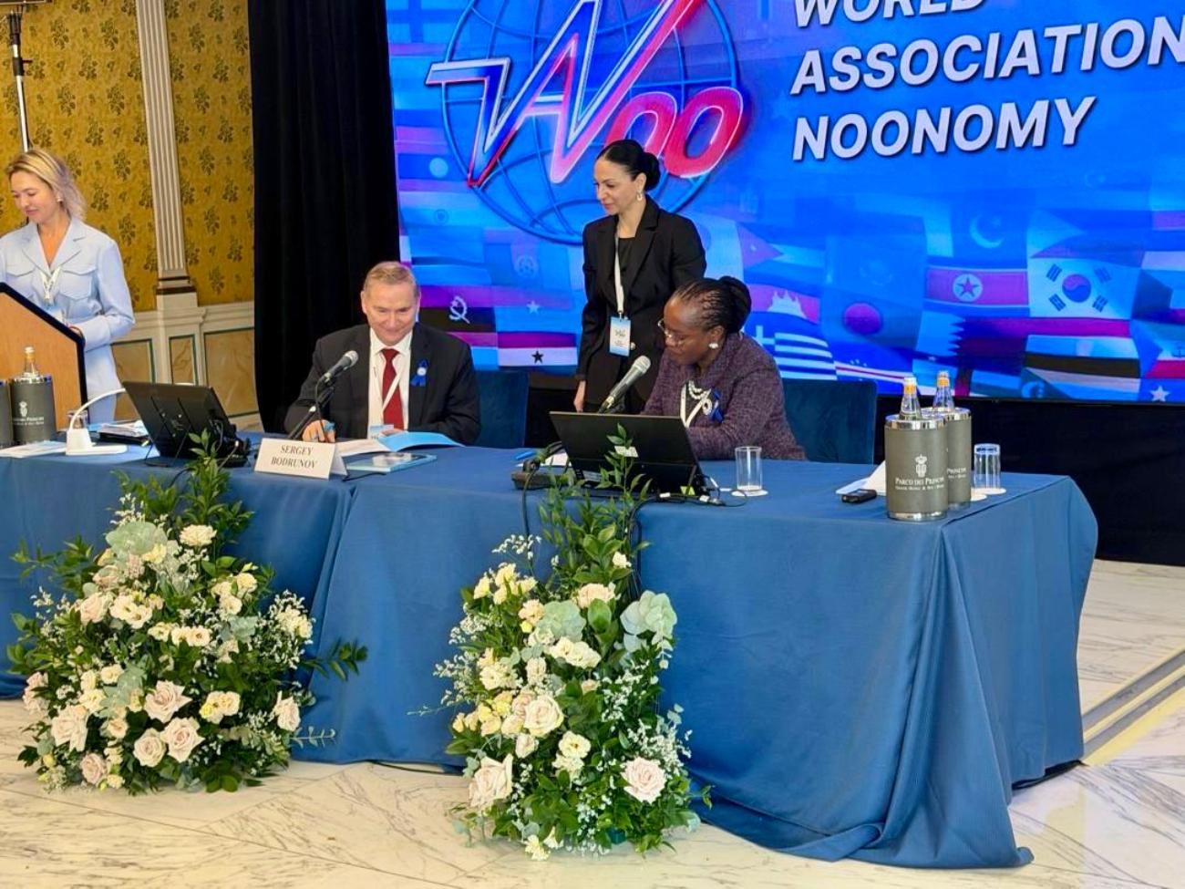 Prof. Sergey Bodrunov (L) and Prof. Sarah Ssali (R) signing the MoU on 19th September 2026 in Rome, Italy.
