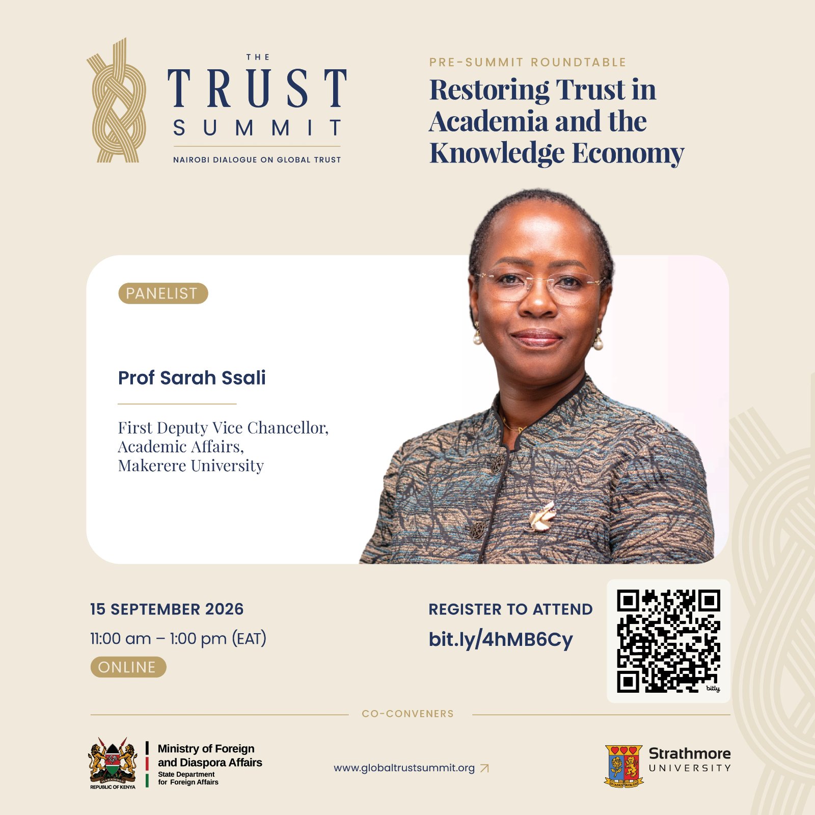 Prof. Sarah Ssali, Panelist, Virtual Round Table on Restoring Trust in Academia and the Knowledge Economy, September 15, 2026. Graphic: X/@GTSummit2026