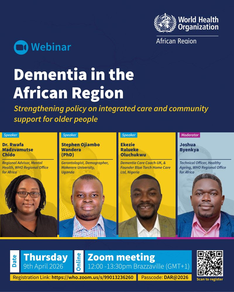 A flier of the WHO Dementia in the African Region Webinar featuring Dr. Stephen Wandera as one of the Speakers.