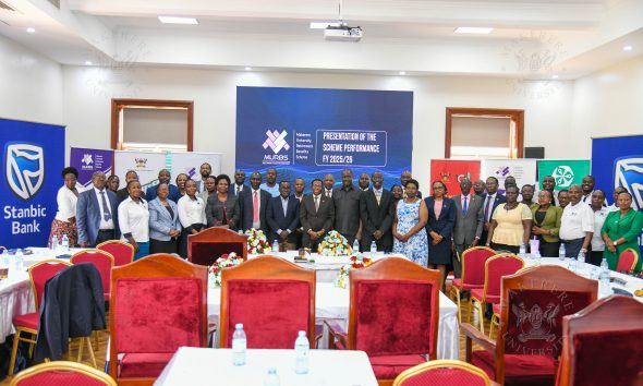 Hon. Daniel Fred Kidega (C-Kaunda suit) with members of University Council, University Management, URBRA Uganda, MURBS Board of Trustees, Ambassadors and MURBS Secretariat at the Presentation of FY 2025/2026 Performance on October 27 2026 in Senior Common Room.