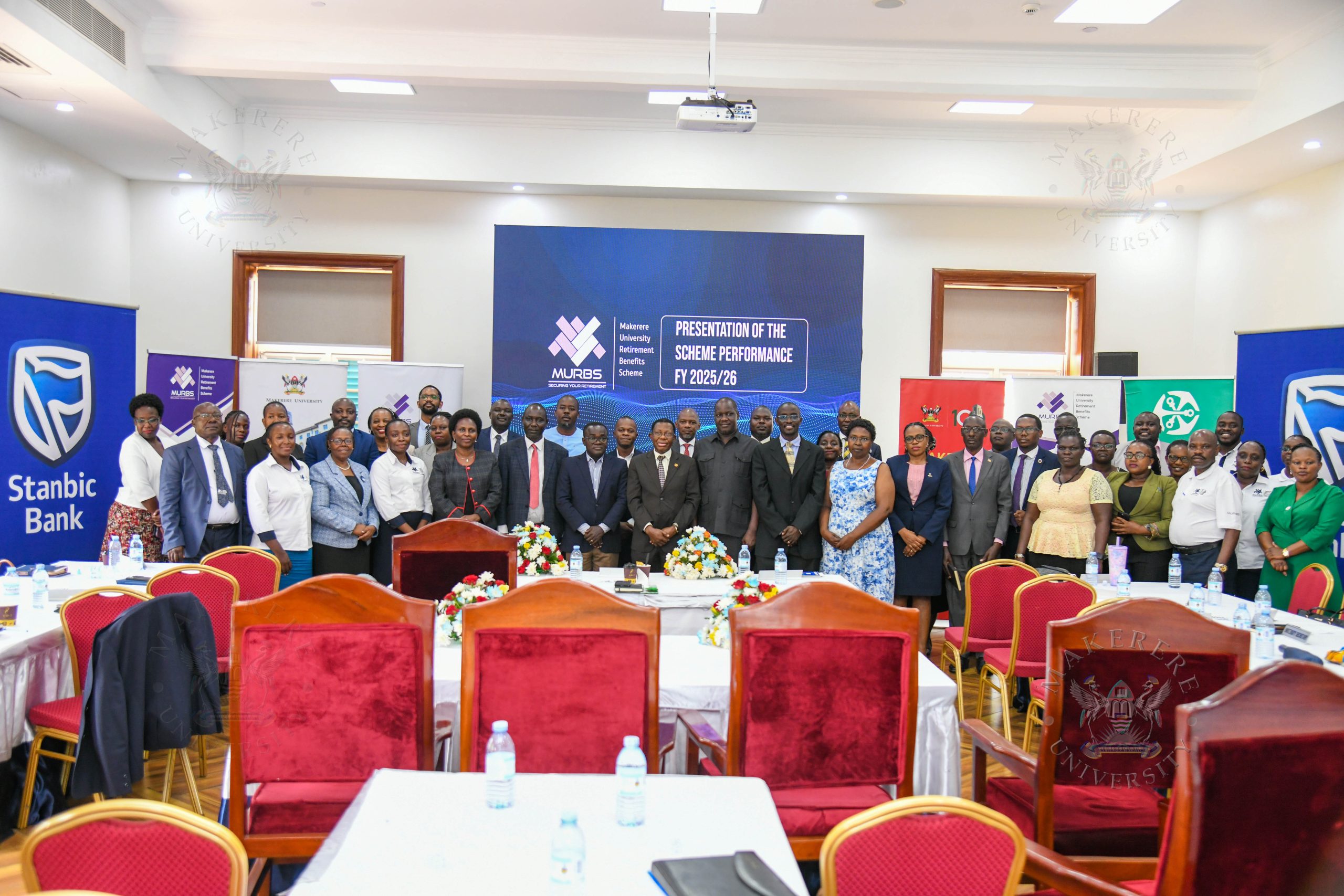 Hon. Daniel Fred Kidega (C-Kaunda suit) with members of University Council, University Management, URBRA Uganda, MURBS Board of Trustees, Ambassadors and MURBS Secretariat at the Presentation of FY 2025/2026 Performance on October 27 2026 in Senior Common Room.
