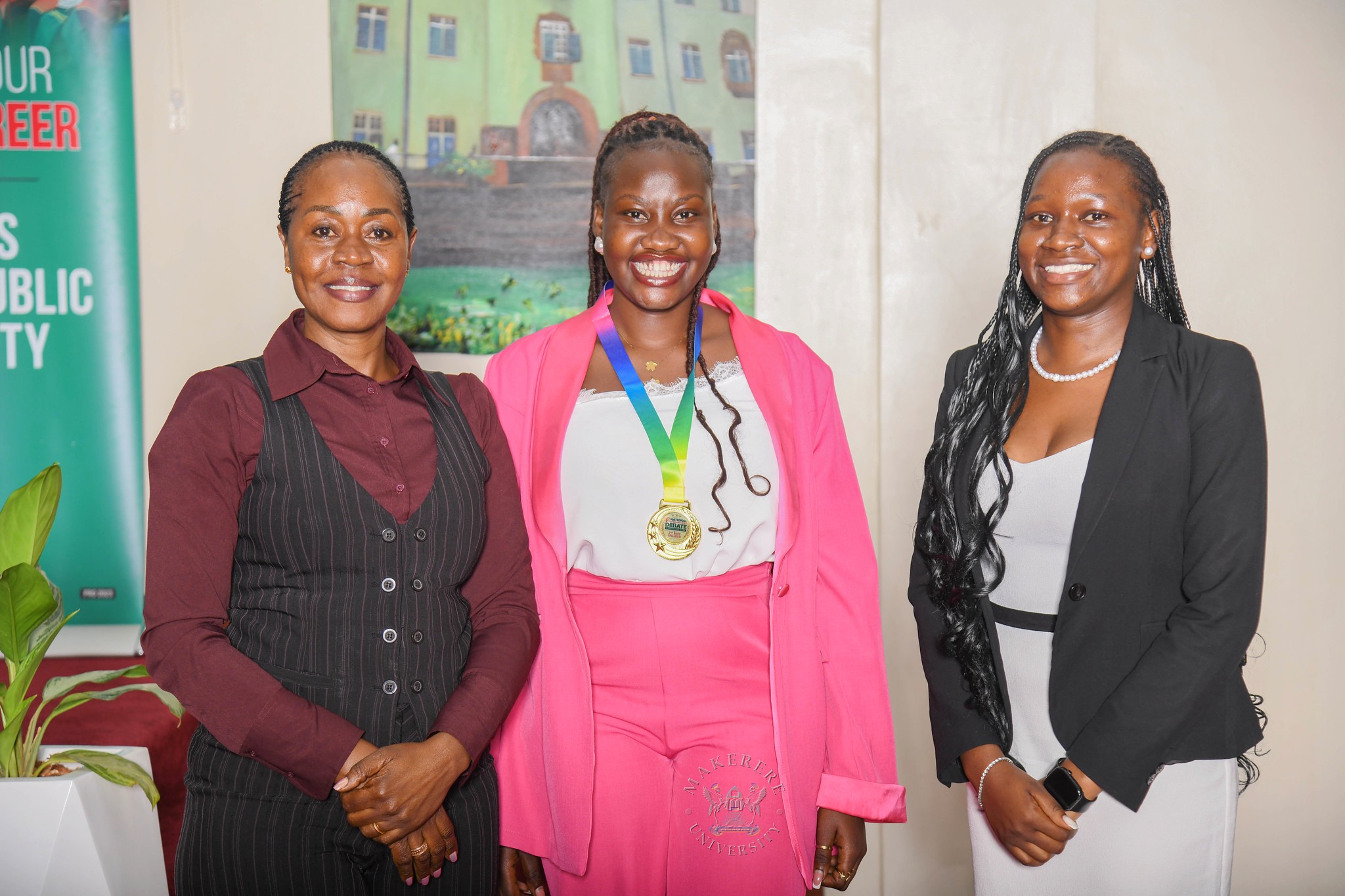L-R: Dean of Students-Dr. Winifred Kabumbuli, Ms. Cynthia Apili and 92nd Guild President-H.E. Kadondi Gracious. 2nd National Inter University Debate Competition 2026 under the theme “Students Health, Safety and Well-Being: A Catalyst for enhanced educational outcomes and academic excellence in higher education institutions in Uganda.” where Makerere secured 2nd place in the grand finale, National level. School of Public Health Auditorium, 29th September 2026, Makerere University, Kampala Uganda, East Africa.