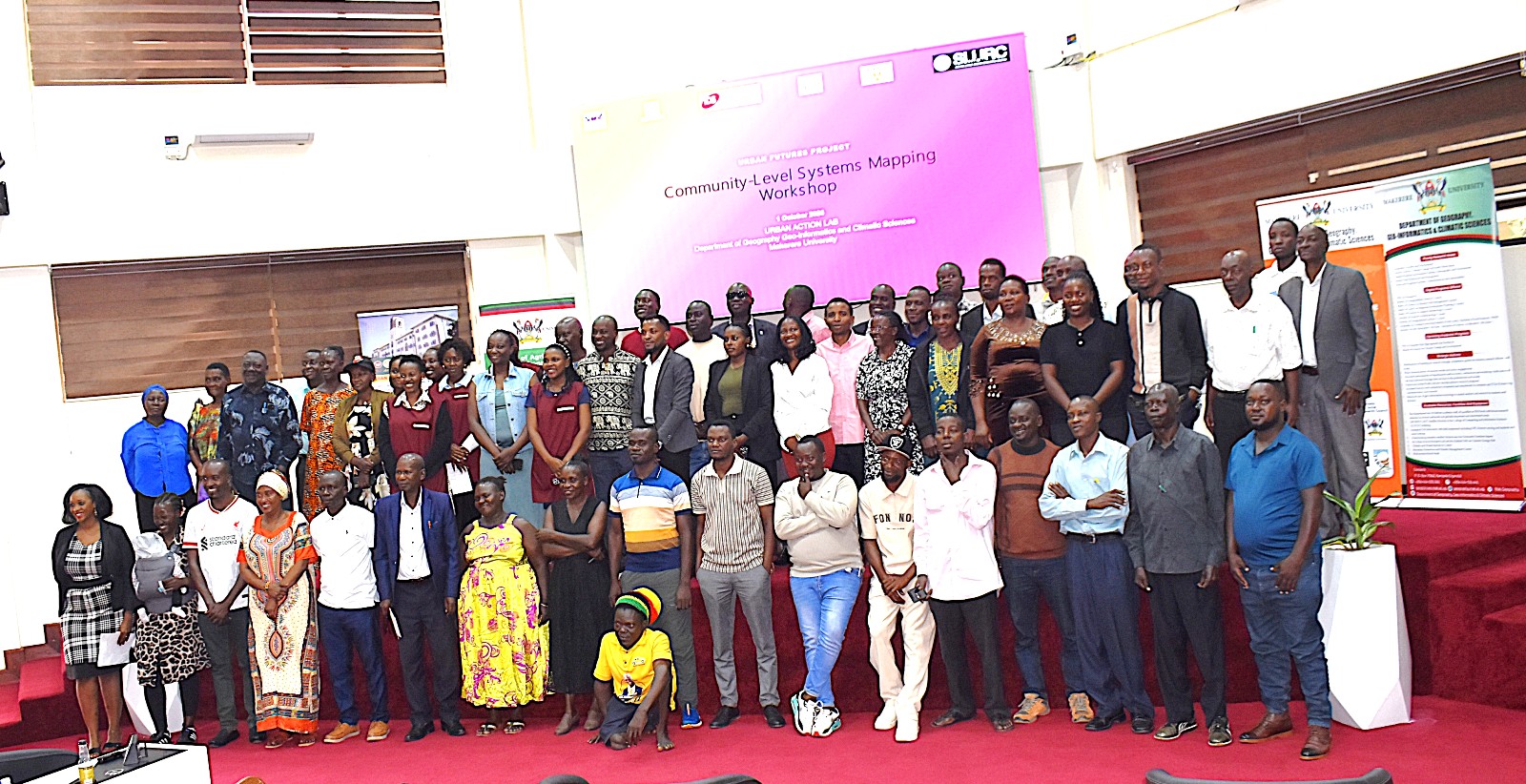 Community leaders and selected residents of Kampala together with the team from the Urban Action Lab at the workshop held on 1st October 2026 in the School of Public Health Auditorium. Urban Action Lab community-level systems-mapping workshop to develop a shared understanding of how solid waste, drainage, flooding, climate vulnerability, health, and livelihoods interact within Kampala’s informal settlements 1st October 2026, School of Public Health Auditorium, Makerere University, Kampala Uganda, East Africa.