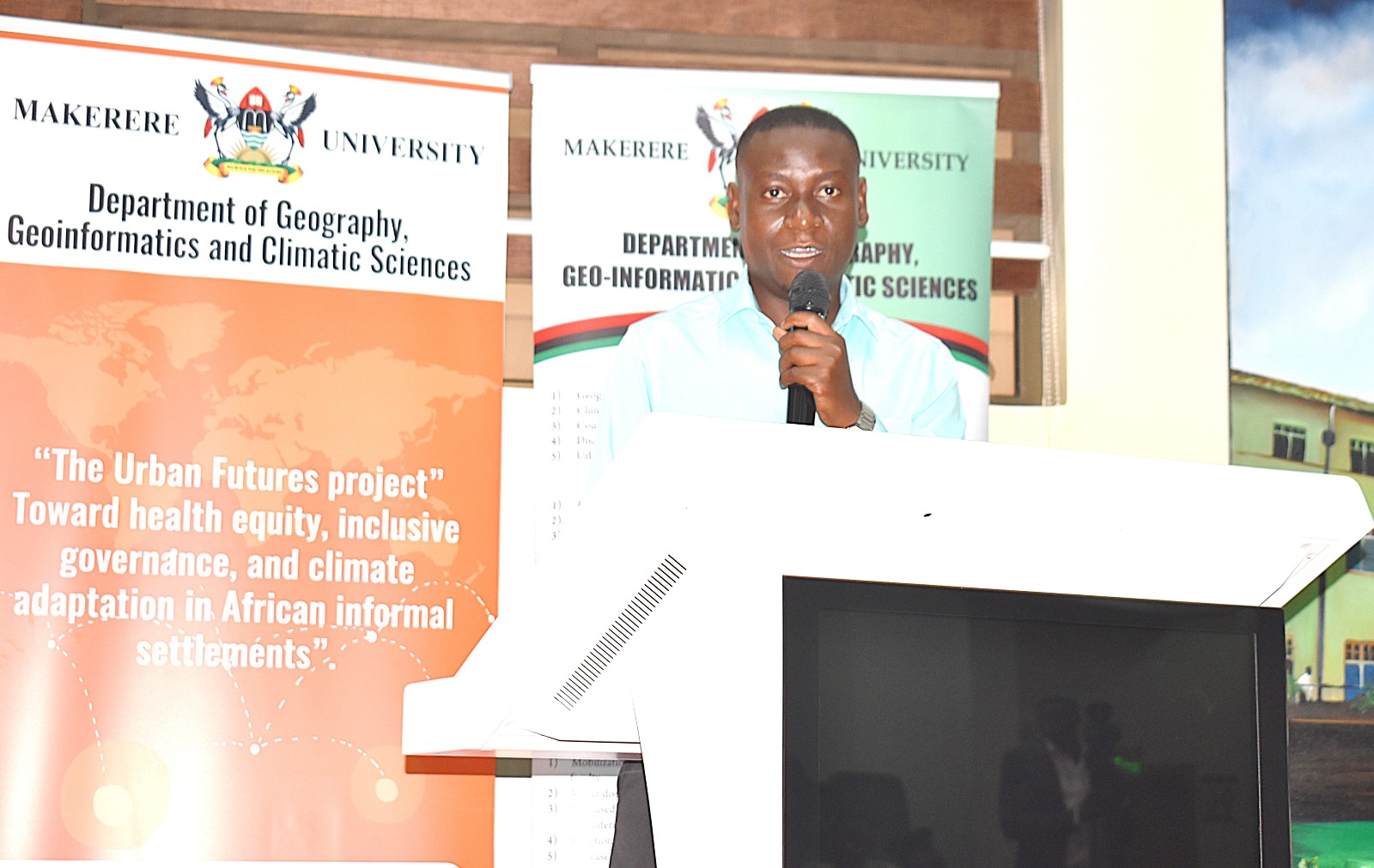 Mr. Hakimu Sseviiri from the Urban Action Lab guiding participants on the community mapping exercise. Urban Action Lab community-level systems-mapping workshop to develop a shared understanding of how solid waste, drainage, flooding, climate vulnerability, health, and livelihoods interact within Kampala’s informal settlements 1st October 2026, School of Public Health Auditorium, Makerere University, Kampala Uganda, East Africa.