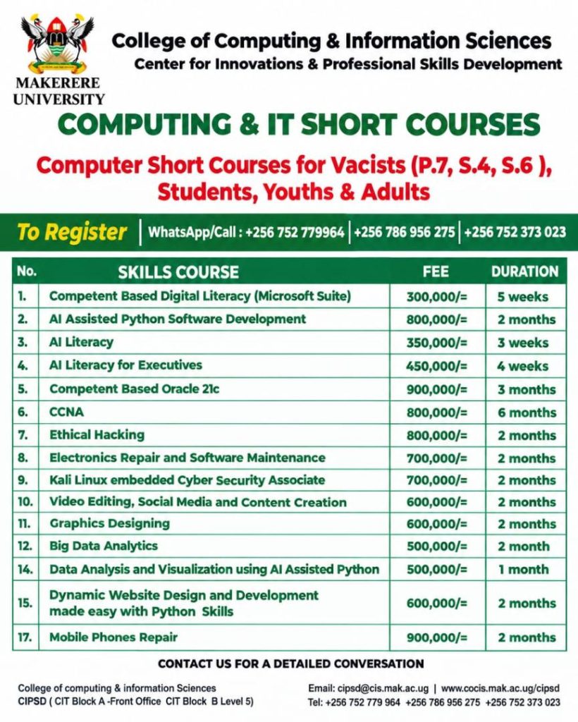 CoCIS CIPSD Short Courses for Vacists, Students, Youth and Adults. College of Computing and Information Sciences, Makerere University, Kampala Uganda, East Africa.