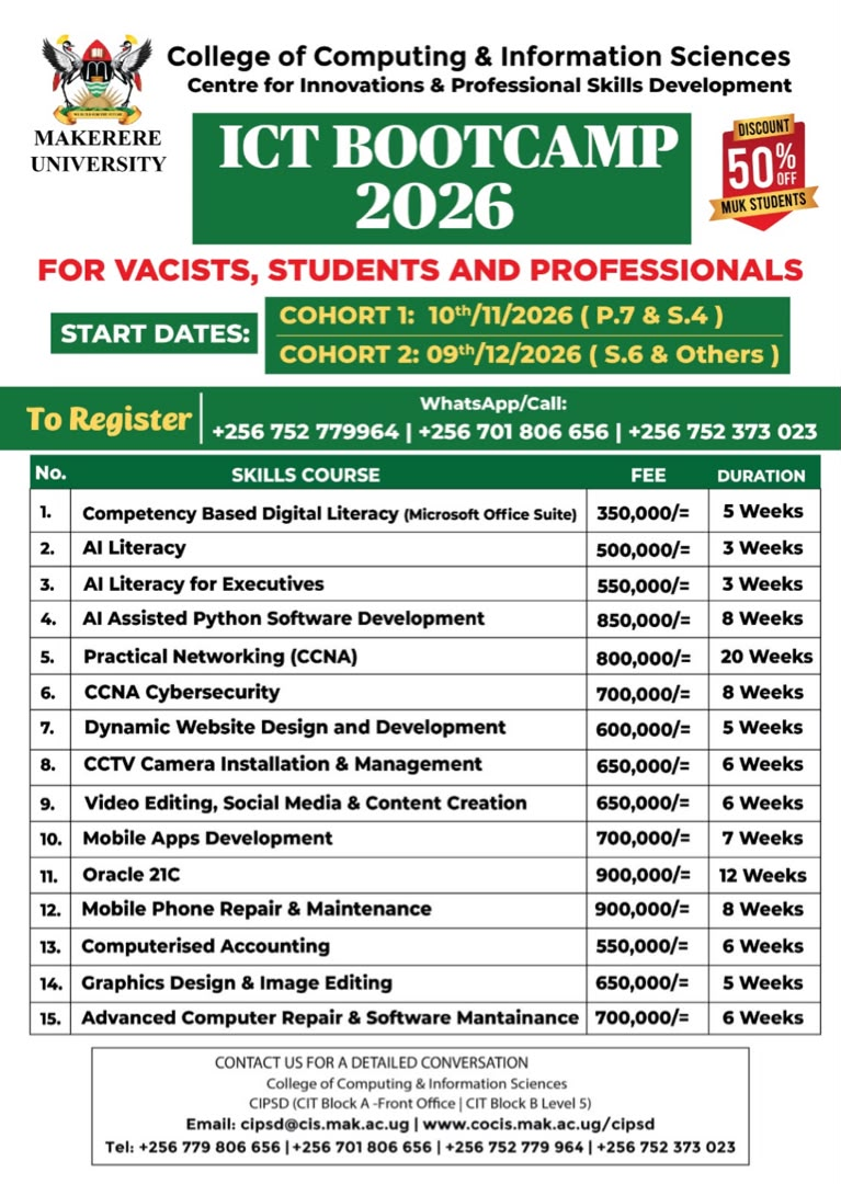 CoCIS CIPSD Short Courses for Vacists, Students, Youth and Adults. College of Computing and Information Sciences, Makerere University, Kampala Uganda, East Africa.