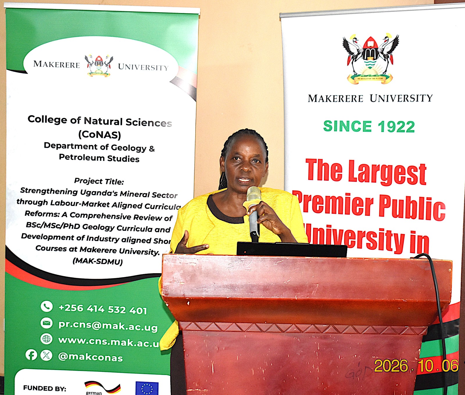 Geoscience Curriculum Development Consultant, Dr Betty Nagudi presenting her findings. Department of Geology and Petroleum Studies, College of Natural Sciences, Makerere University stakeholder workshop to get input on the review of its Geology curricula and the development of industry-aligned short courses supported by the Government of the Federal Republic of Germany and the European Union through Deutsche Gesellschaft für Internationale Zusammenarbeit (GIZ), 6th October 2026 at Silver Springs Hotel, Bugolobi, Kampala, Uganda, East Africa.