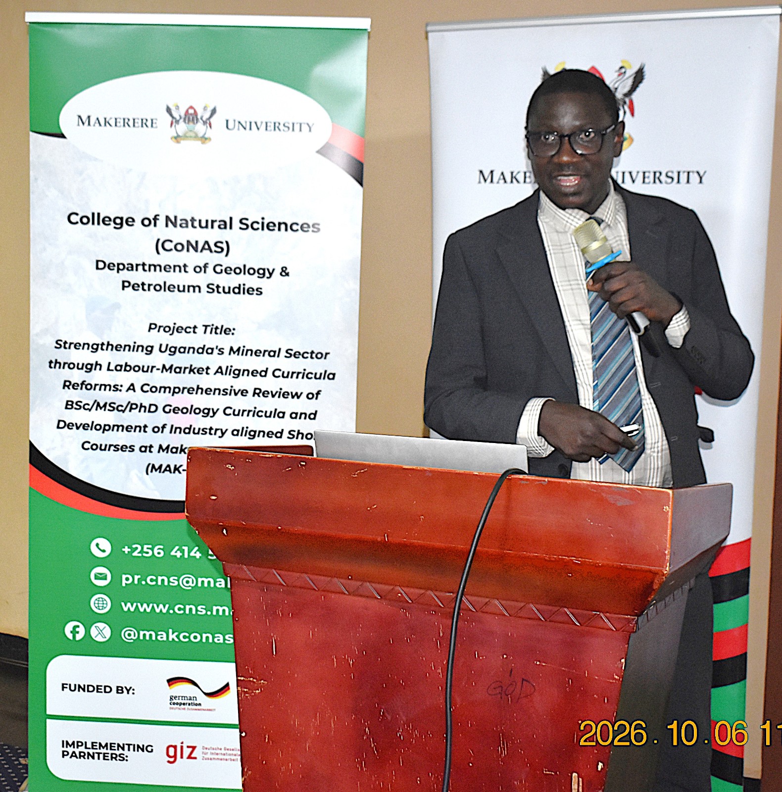 Dr. Cyprian Misinde, Chief Quality Assurance Officer at Makerere University, emphasized the need to embed Competency-Based Education and Training (CBET) principles in the curriculum. Department of Geology and Petroleum Studies, College of Natural Sciences, Makerere University stakeholder workshop to get input on the review of its Geology curricula and the development of industry-aligned short courses supported by the Government of the Federal Republic of Germany and the European Union through Deutsche Gesellschaft für Internationale Zusammenarbeit (GIZ), 6th October 2026 at Silver Springs Hotel, Bugolobi, Kampala, Uganda, East Africa.