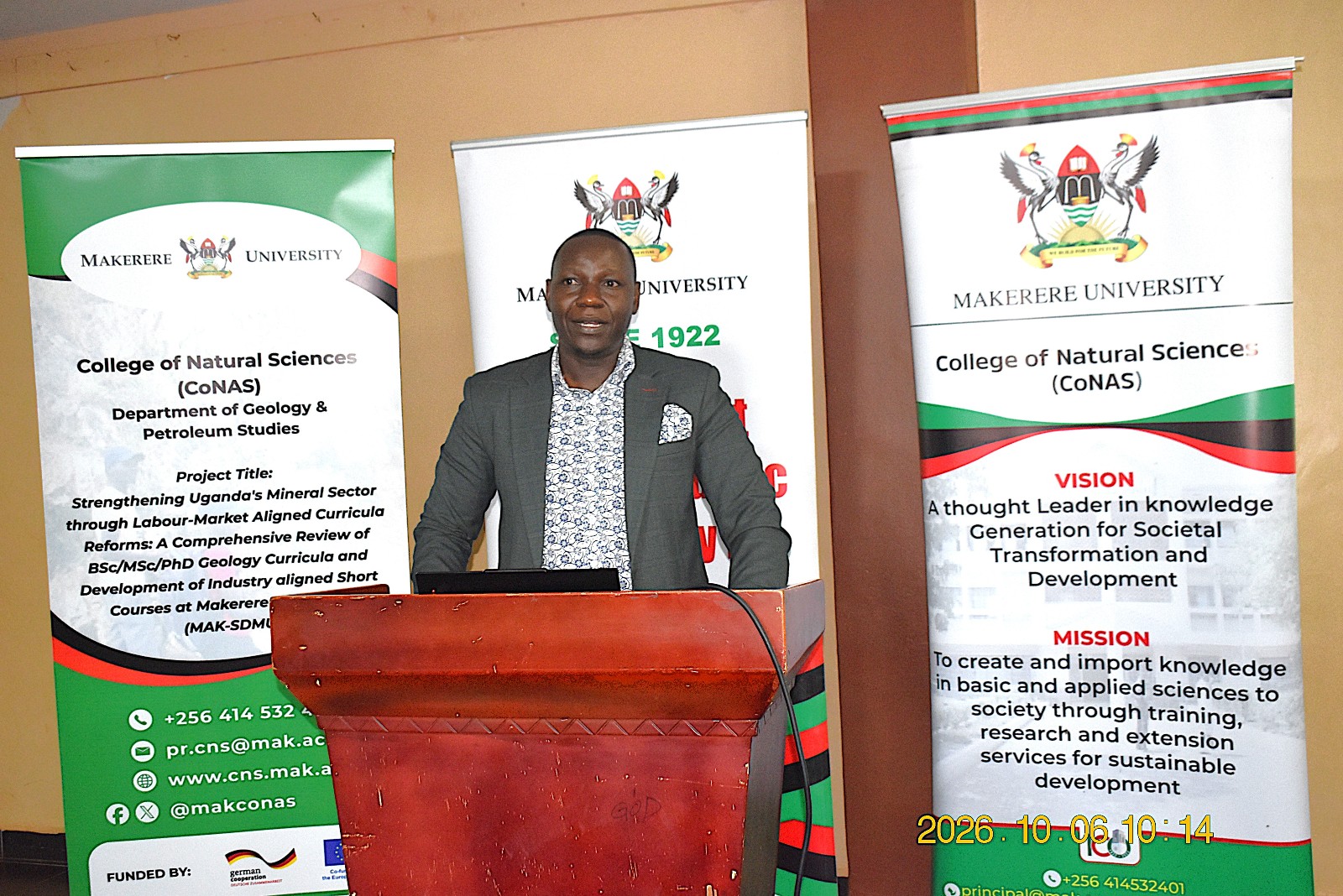 The Project Coordinator, Dr Denis Mutebi briefing stakeholders on the purpose of the exercise. Department of Geology and Petroleum Studies, College of Natural Sciences, Makerere University stakeholder workshop to get input on the review of its Geology curricula and the development of industry-aligned short courses supported by the Government of the Federal Republic of Germany and the European Union through Deutsche Gesellschaft für Internationale Zusammenarbeit (GIZ), 6th October 2026 at Silver Springs Hotel, Bugolobi, Kampala, Uganda, East Africa.