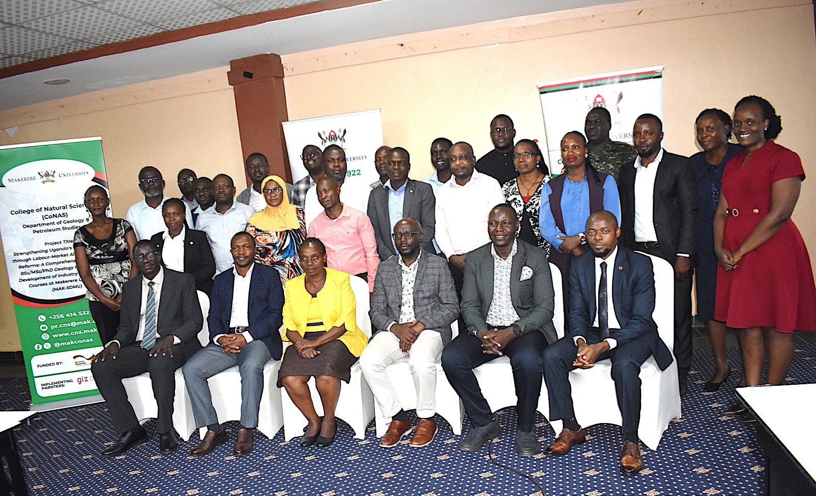 The project team with the stakeholders during the workshop held at Silver Springs Hotel, Bugolobi, Kampala on 6th October 2026. Department of Geology and Petroleum Studies, College of Natural Sciences, Makerere University stakeholder workshop to get input on the review of its Geology curricula and the development of industry-aligned short courses supported by the Government of the Federal Republic of Germany and the European Union through Deutsche Gesellschaft für Internationale Zusammenarbeit (GIZ), 6th October 2026 at Silver Springs Hotel, Bugolobi, Kampala, Uganda, East Africa.