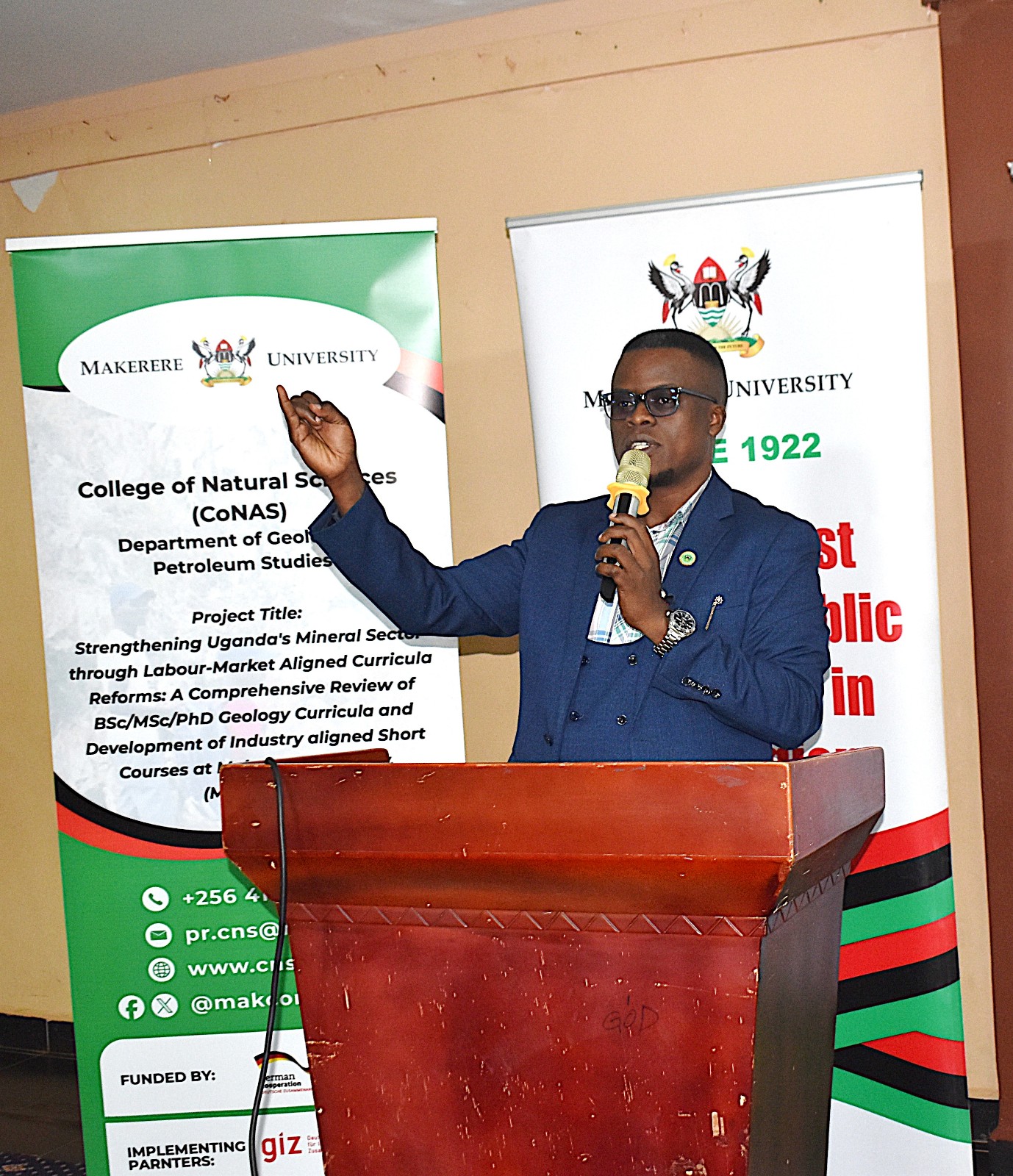 Mr. David Kisitu, IT Officer at the College of Natural Sciences (CoNAS), Makerere University moderated the workshop. Department of Geology and Petroleum Studies, College of Natural Sciences, Makerere University stakeholder workshop to get input on the review of its Geology curricula and the development of industry-aligned short courses supported by the Government of the Federal Republic of Germany and the European Union through Deutsche Gesellschaft für Internationale Zusammenarbeit (GIZ), 6th October 2026 at Silver Springs Hotel, Bugolobi, Kampala, Uganda, East Africa.