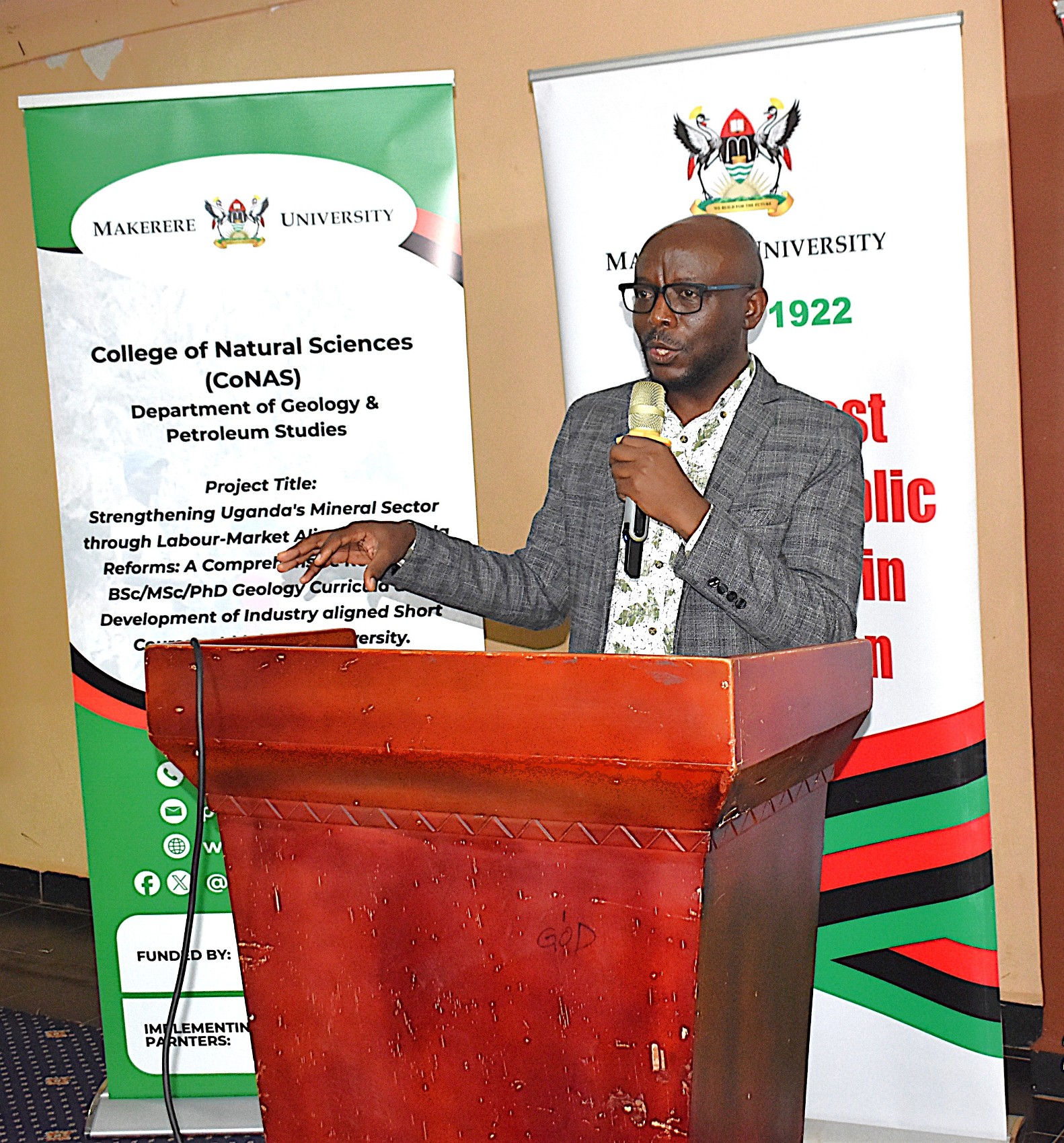 Prof. Godwin Kakuba, Deputy Principal, CoNAS, officially opened the workshop and appreciated the funders for their invaluable support towards the curriculum review exercise. Department of Geology and Petroleum Studies, College of Natural Sciences, Makerere University stakeholder workshop to get input on the review of its Geology curricula and the development of industry-aligned short courses supported by the Government of the Federal Republic of Germany and the European Union through Deutsche Gesellschaft für Internationale Zusammenarbeit (GIZ), 6th October 2026 at Silver Springs Hotel, Bugolobi, Kampala, Uganda, East Africa.