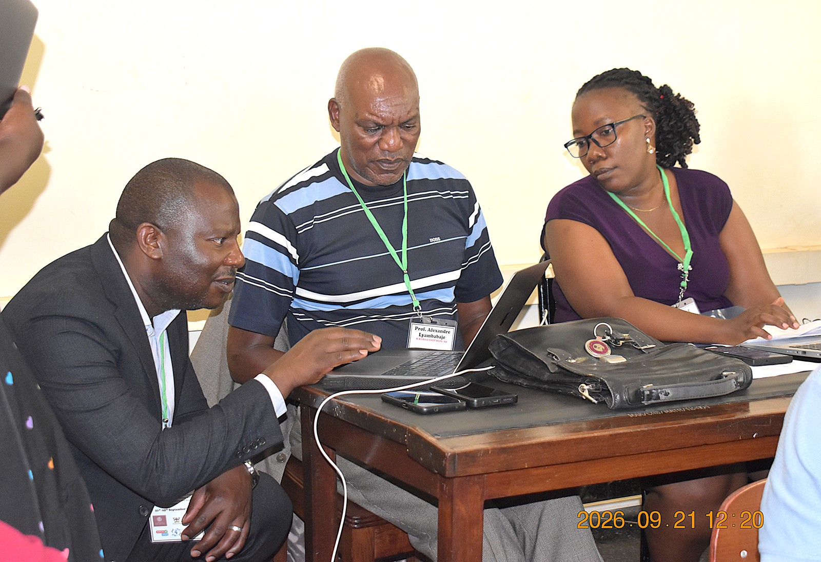 Dr. Juliet Nakakawa Nsumba (R) and Dr Alex Behakanira (L), members of staff in the Department of Mathematics at Makerere University, with Prof. Alexandre Lyambabaje at the workshop. Five-day ICMS-CoRE-MATH Study Group in Industry, held under the Africa–Europe Cluster of Research Excellence in Mathematics (CoRE-MATH), in collaboration with the NORHED II Mathematics for Sustainable Development (Math4SDG) project, from 21st-25th September 2026, Department of Mathematics, College of Natural Sciences (CoNAS), Makerere University, Kampala Uganda, East Africa.