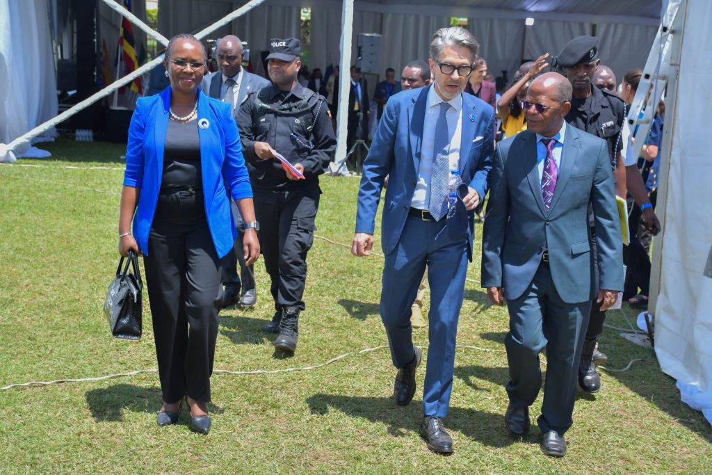 Prof. Sarah Ssali (left), EU Ambassador to Uganda Jan Sadek (centre), and Acting Minister of Education and Sports Dr John Chrysostom Muyingo tour exhibition stands during the EU Uganda Research and Study Fair at Makerere University. European Union-Uganda Research and Study Fair, 8th October 2026, Freedom Square, Makerere University, Kampala Uganda, East Africa.