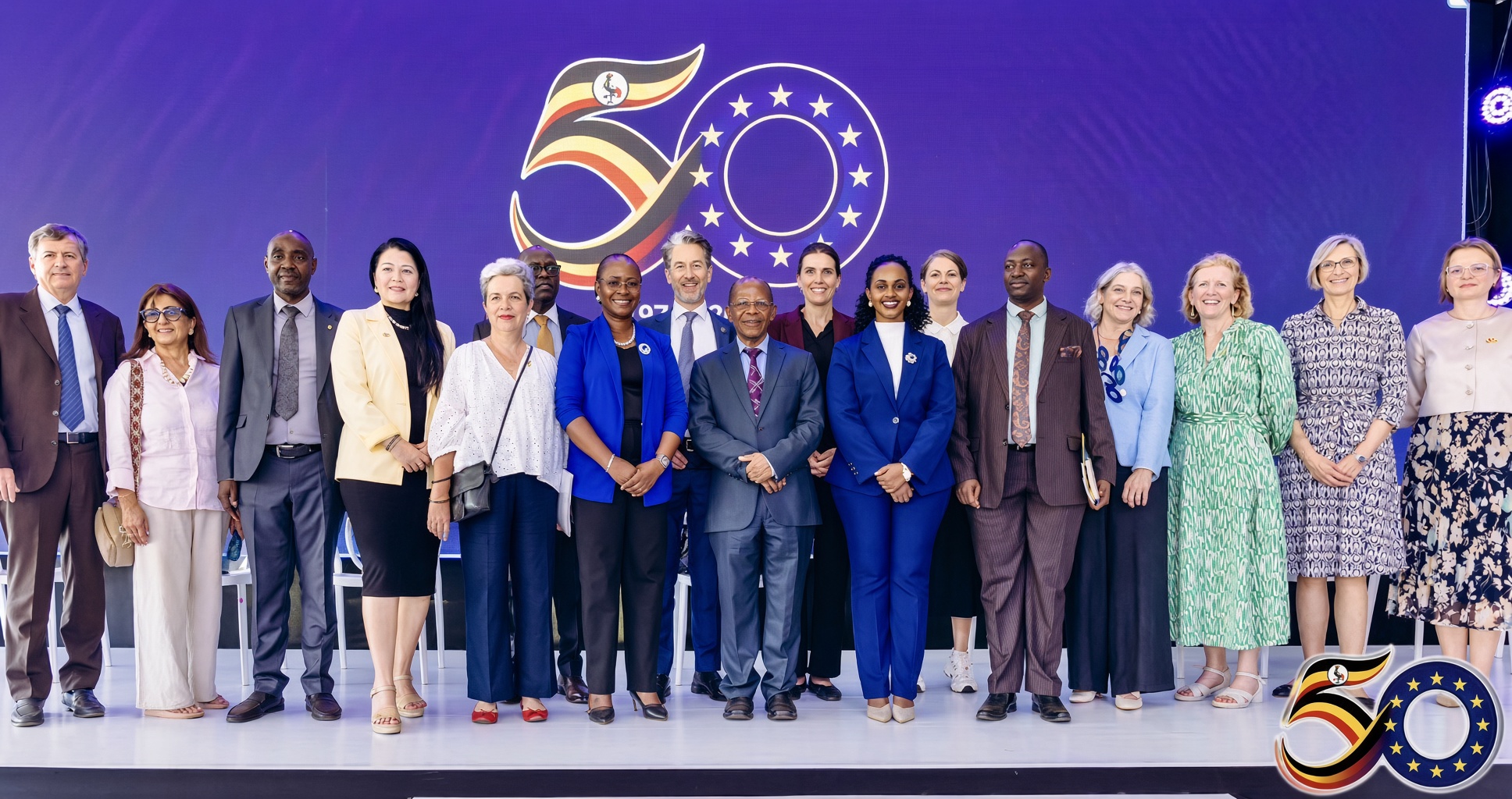 Hon. Dr. J.C. Muyingo, Prof. Sarah Ssali and H.E. Jan Sadek (Centre) with Heads of Missions and other representatives at the Fair on 8th October 2026. European Union-Uganda Research and Study Fair, 8th October 2026, Freedom Square, Makerere University, Kampala Uganda, East Africa.
