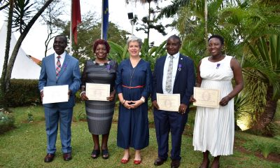 L-R: Professor Enoch Sebuyungo, Professor Edith Ruth Natukunda Togboa, H.E. Virginie Leroy, Professor Christian Kakuba and Dr. Agatha Tumwine at the Award Ceremony on 7th October 2026. Four Makerere University-affiliated academics from the College of Humanities and Social Sciences (CHUSS)-Professor Edith Ruth Natukunda Togboa, Dr Agatha Tumwine, Professor Christian Kakuba, and Professor Enoch Sebuyungo honoured with French Order of Academic Palms (Ordre des Palmes Académiques) by the French Ambassador H.E Virginie Leroy for their effort in strengthening working relations between France and Uganda through their dedication to education, research, and the teaching of French. 7th October 2026, French Embassy, Kampala Uganda, East Africa.