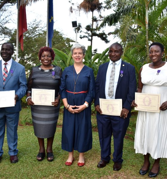 L-R: Professor Enoch Sebuyungo, Professor Edith Ruth Natukunda Togboa, H.E. Virginie Leroy, Professor Christian Kakuba and Dr. Agatha Tumwine at the Award Ceremony on 7th October 2026. Four Makerere University-affiliated academics from the College of Humanities and Social Sciences (CHUSS)-Professor Edith Ruth Natukunda Togboa, Dr Agatha Tumwine, Professor Christian Kakuba, and Professor Enoch Sebuyungo honoured with French Order of Academic Palms (Ordre des Palmes Académiques) by the French Ambassador H.E Virginie Leroy for their effort in strengthening working relations between France and Uganda through their dedication to education, research, and the teaching of French. 7th October 2026, French Embassy, Kampala Uganda, East Africa.